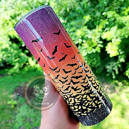 Miniatura 5 de Ombre Sunset Bats Faux Glitter 20oz Stainless Steel Double Wall Skinny Tumbler with Plastic Lid and Straw Witchy Gifts for Women