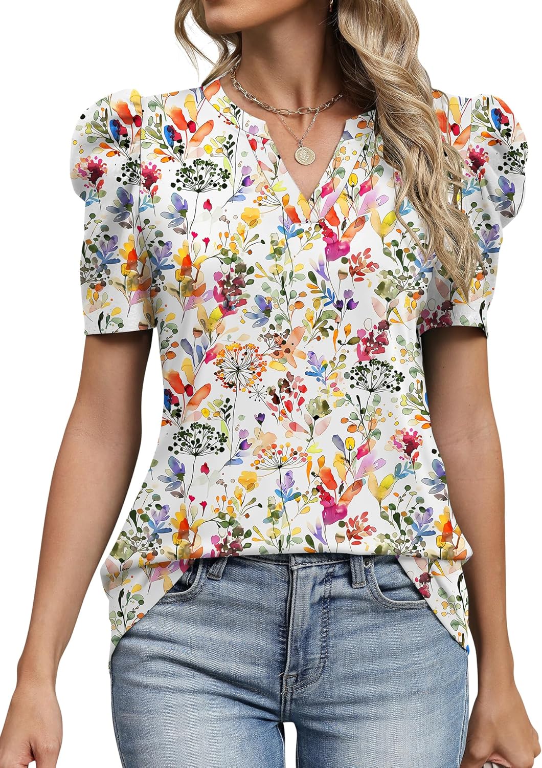 Lomon Spring Summer Tops for Women 2026 V Neck Puff Short Sleeve Tops Fashion Trendy Work Blouses Dressy Casual S-XXL - Image 2