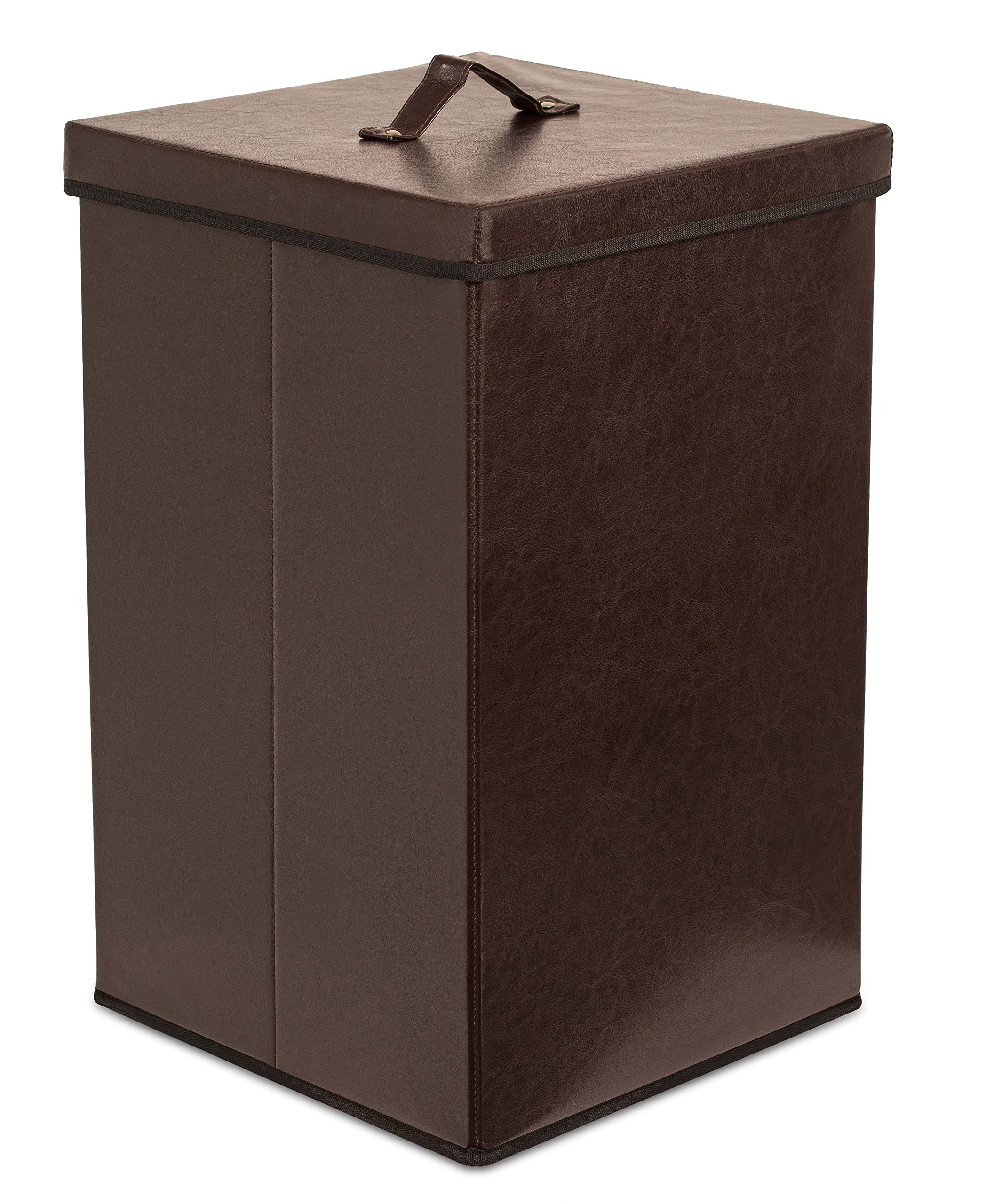 Internet's Best Faux Leather Laundry Hamper with Lid - Single Load - Foldable Hamper Basket - Removable Lid - Brown