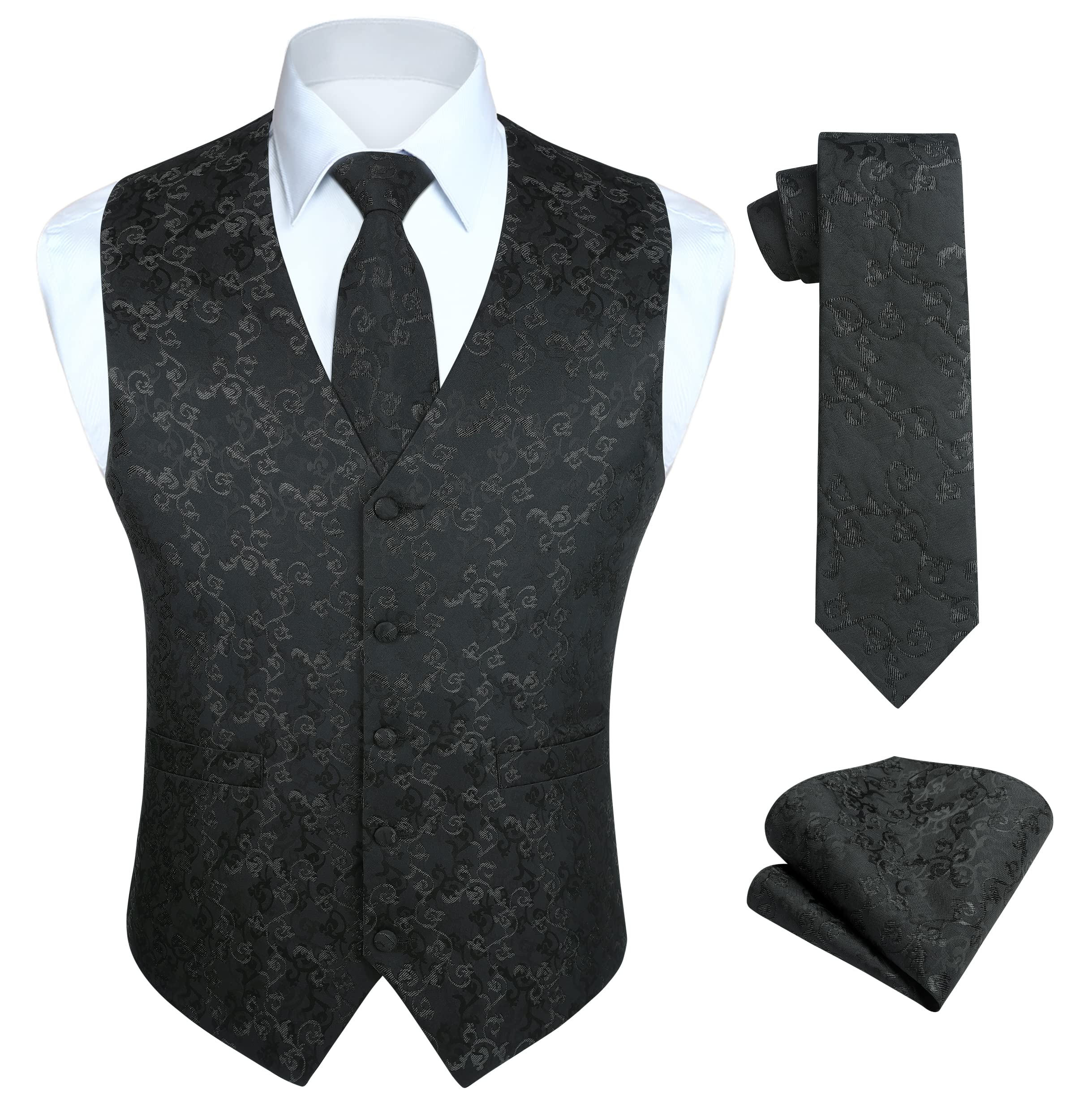 HISDERN Vest and Tie Sets for Men Vests Paisley Floral Jacquard Necktie Pocket Square 3PCS Waistcoat for Suit or Tuxedo