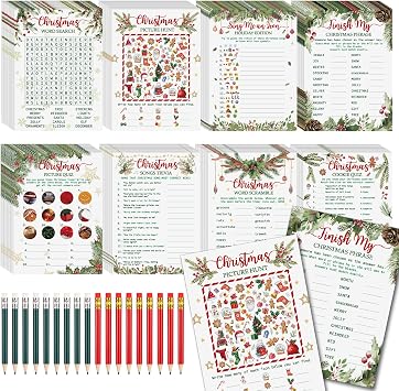 232 Pcs Christmas Trivia Party Games Set Include 207 Xmas Games Question Answer Paper Cards 25 Pencils for Christmas Festival Guessing Activity Party Supplies, 25 Players Berry