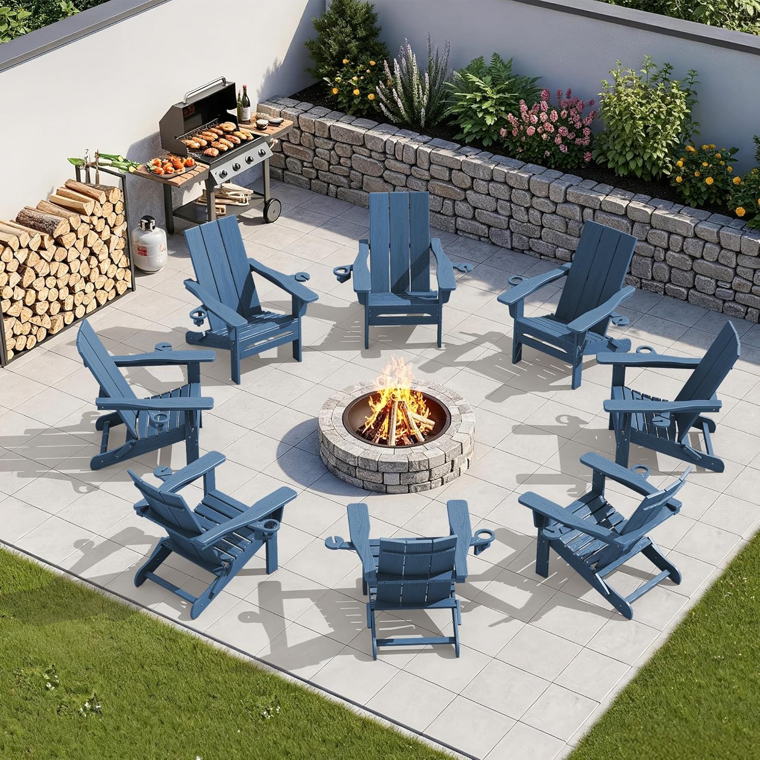 SERWALL Modern Folding Adirondack Chair, All Weather Resistant Outdoor Adirondack Chair with Dual Cup Holders, HDPE Fire Pit Chair for Patio Lawn Garden, Blue