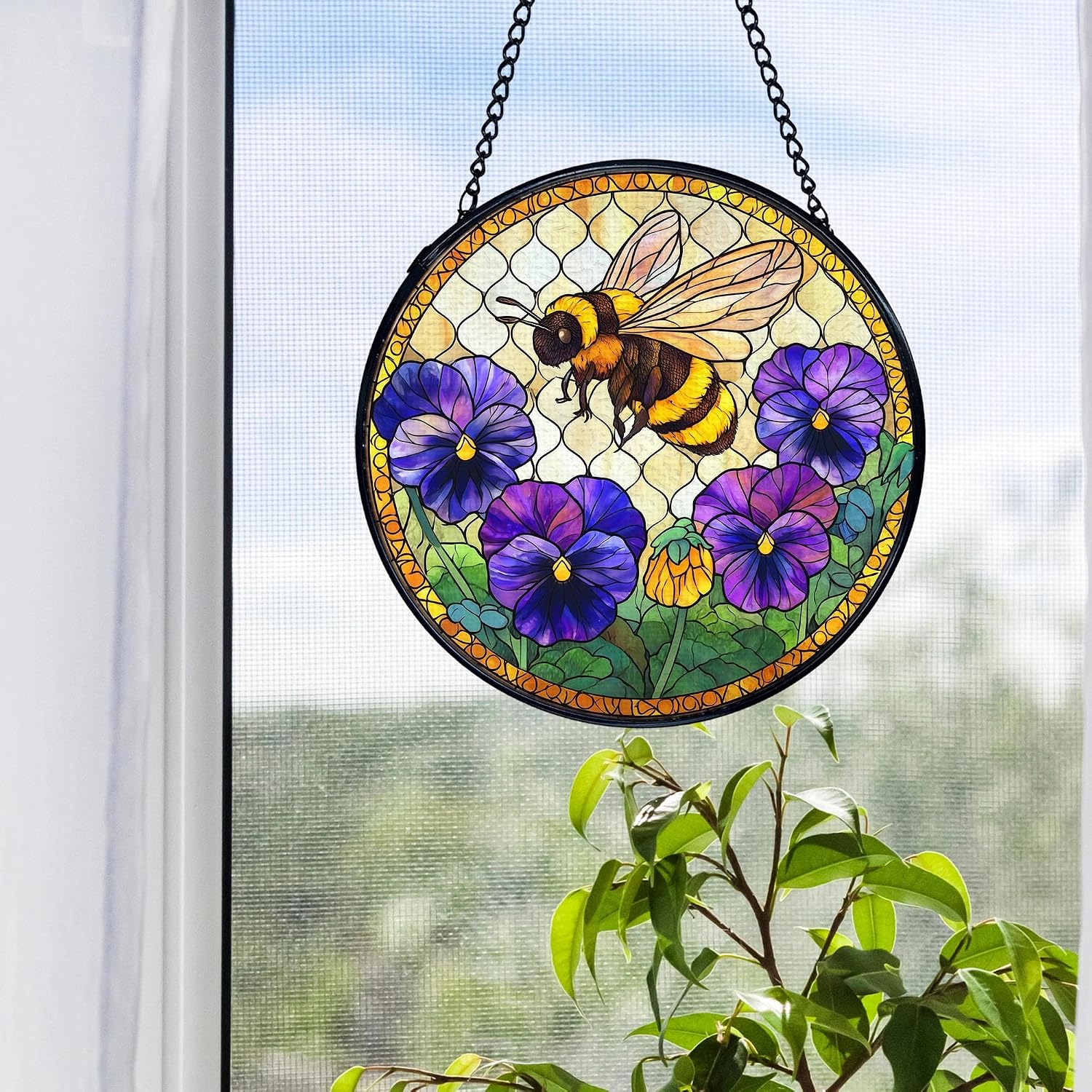 Bee Purple Flower Stained Glass Window Hanging, Bee Decor Sun Catchers Indoor Window Round Glass Wall Art Decor, Bumblebee Suncatcher Wall Hanging Decorations, Lawn Care