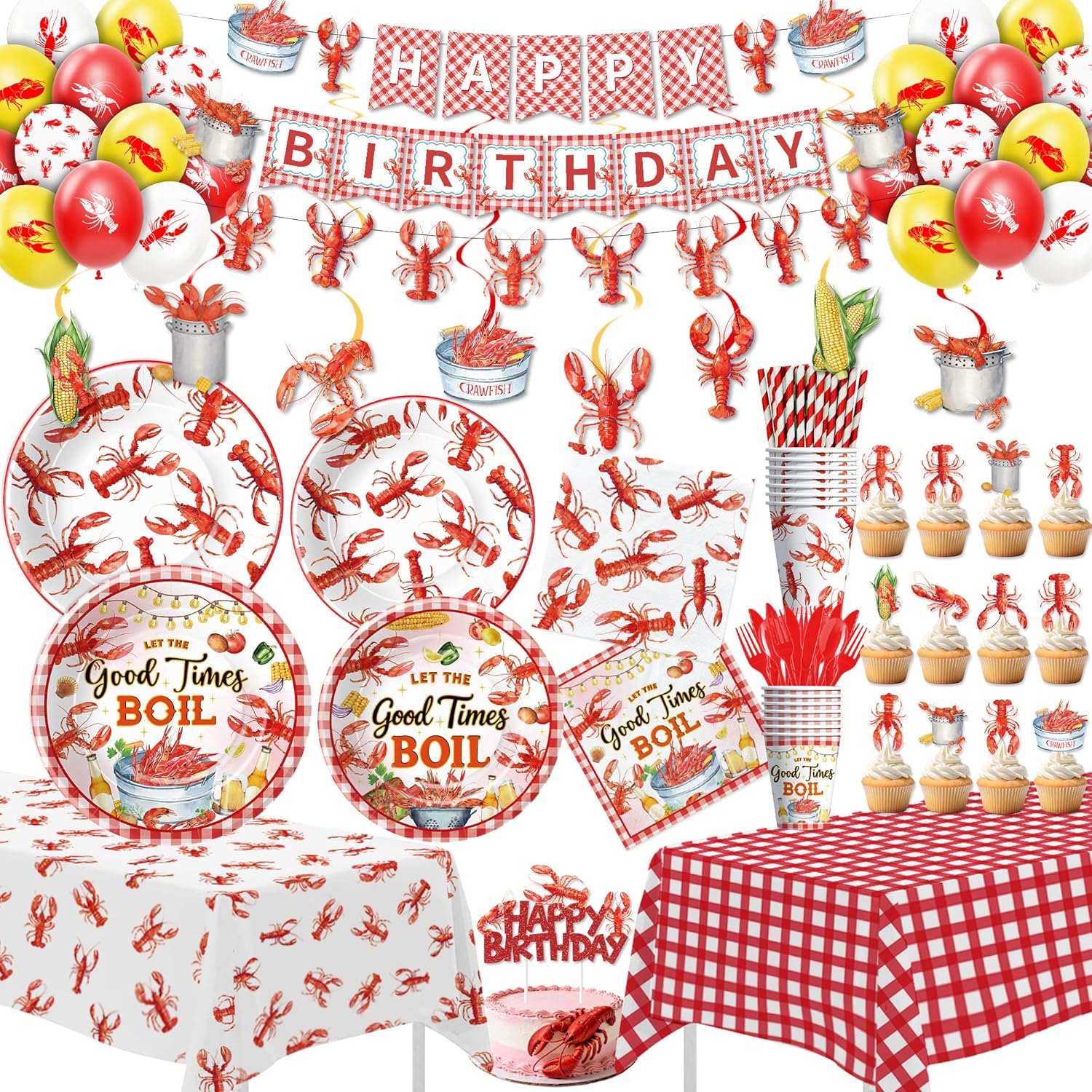 Srua Don Crawfish Birthday Party Decorations, Seafood Shrimp Crawfish Boil Party Supplies for Birthday, Lobster Paper Plate, Cup, Napkin, Tablecloth, Balloon, Banner, Cutlery, Swirl, Topper, Serves 24