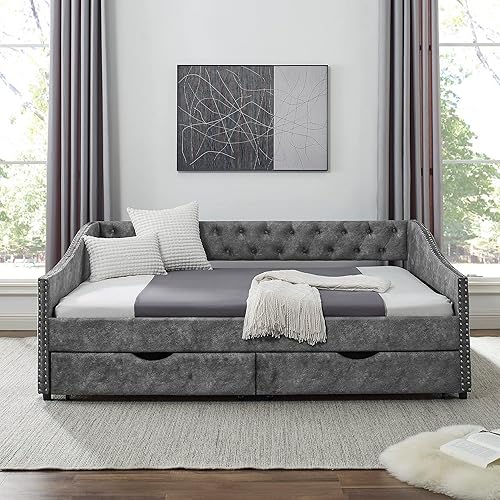 SOFTSEA Full Upholstered Daybed with Storage Drawers, Button Tufted Sofa Bed Daybed with Nailhead Trim and Wood Slat Support, No Box Spring Needed, Gray