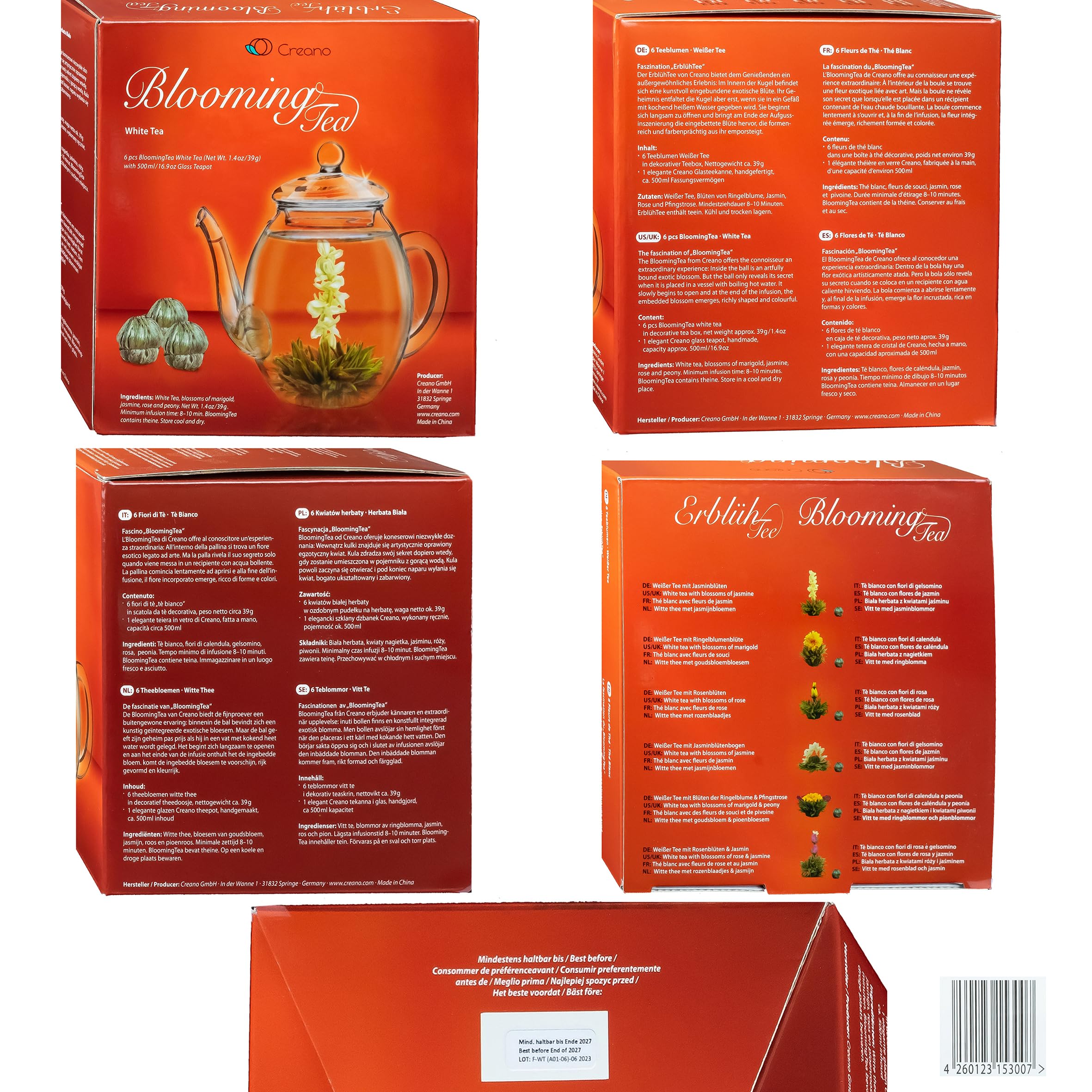 Creano Coffret „Thé en Floraison“ 6 thés de fleurs – Théière en verre 500ml sans goutte – 6 variétés de thé blanc – Idée cadeau exceptionnelle – Verre borosilicate