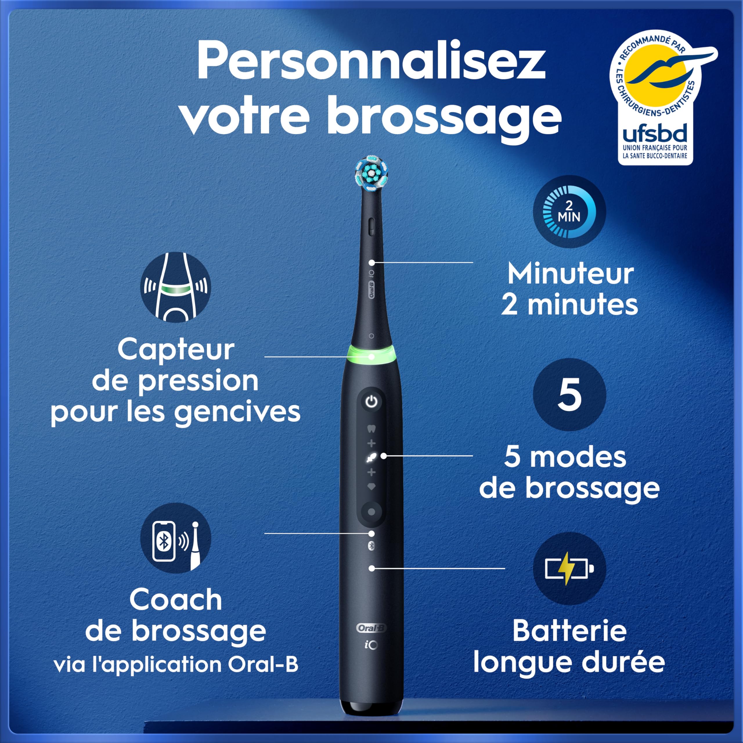 Oral-B Brosse à Dents Electrique iO 5 avec 3 Brossettes de Rechange, Noire – 5 Modes de Brossage dont Douceur et Blancheur, Capteur de Pression sur les Gencives et d’Usure, Batterie Rechargeable