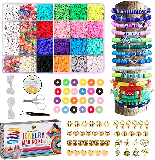 Desire Deluxe Bracelet Making Kit Necklace Clay Beads Friendship Jewelry Letter Arts & Crafts Pendant Charms Kit Elastic Rubber Strings Girls Toys Gift Present(6084pc)