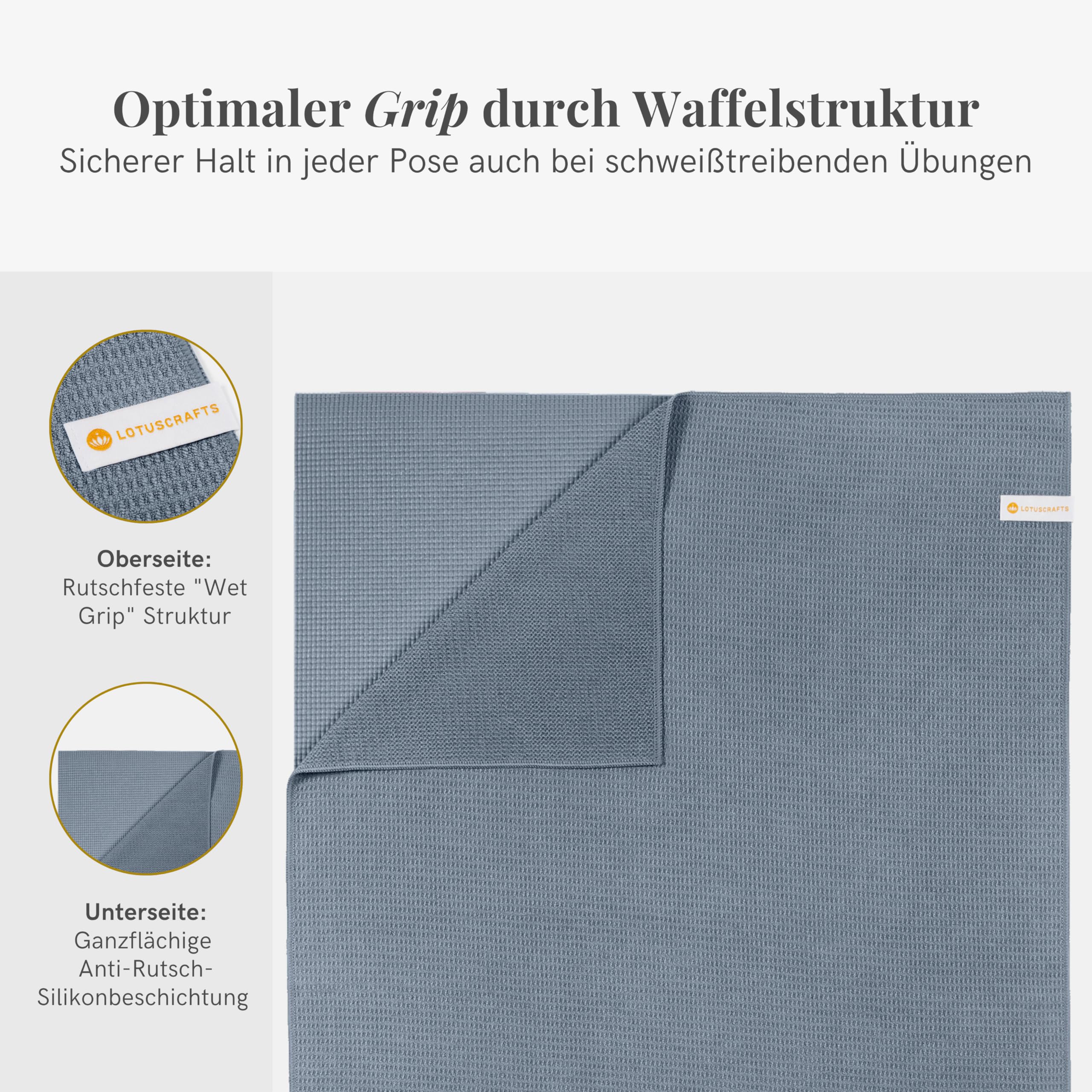 Lotuscrafts Yoga Handtuch Wet Grip - rutschfest & Schnelltrocknend - Antirutsch Yogatuch mit hoher Bodenhaftung - Yogahandtuch ideal für Hot Yoga [183 x 61 cm]
