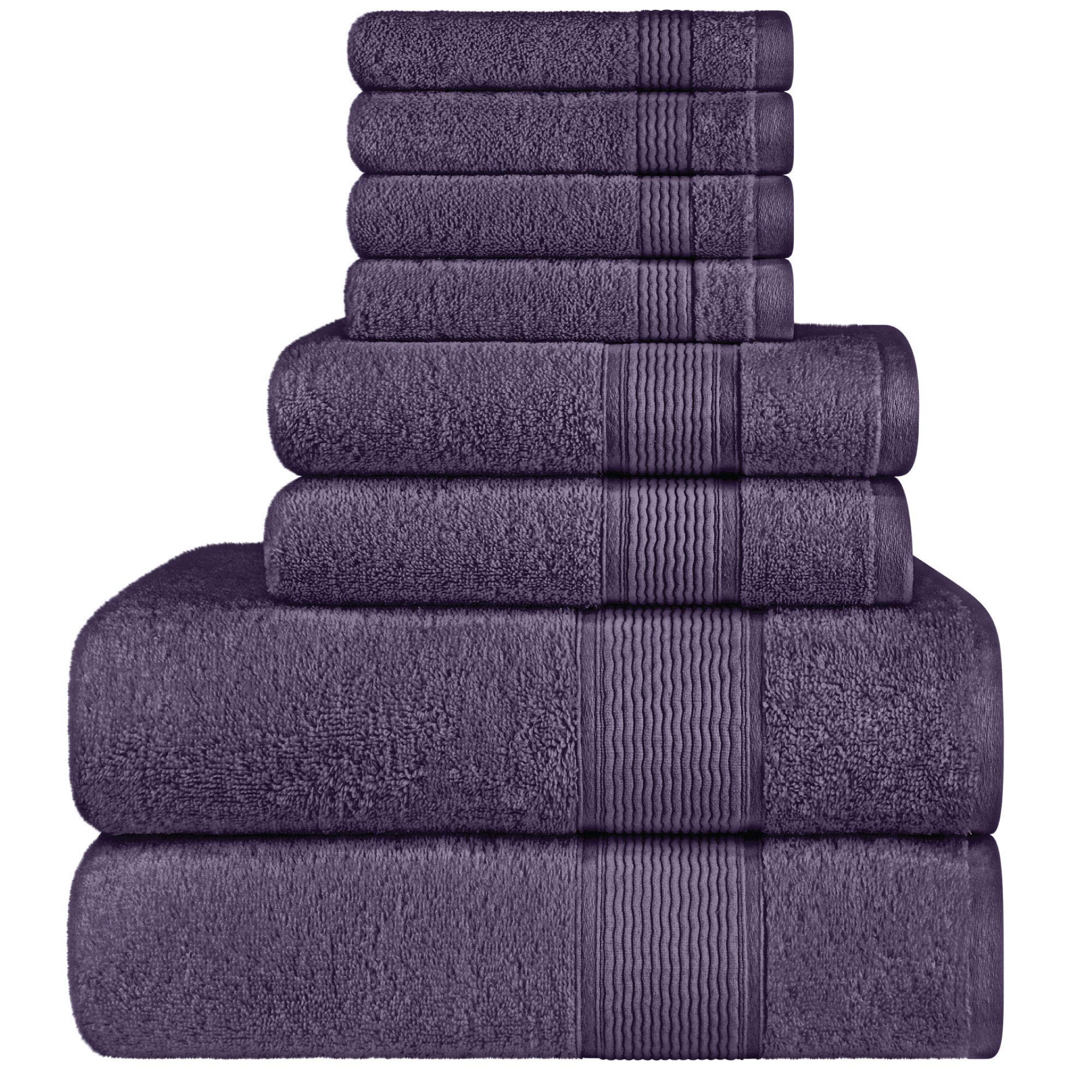 Adobella 8pcs Premium Turkish Bath Collection Towels, 100% Combed Turkish Cotton, 600 GSM, Super Plush, Ultra Absorbent, Includes 2 Bath Towels, 2 Hand Towels and 4 Washcloths, Purple (Set of 8)