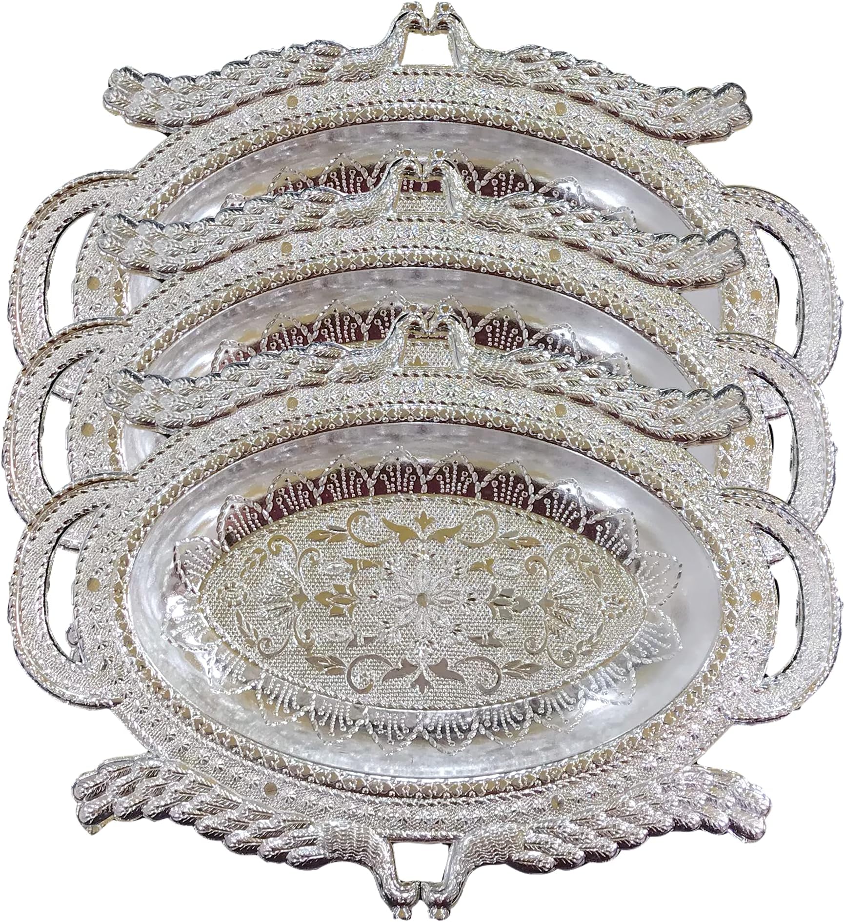 Madhuli Peacock Design Serving Tray, Silver Finish Serving Tray, Traditional Serving Tray, Multipurpose Serving Tray, Dry Fruit Tray, Tray For Serving, Serving Platters, Mukhwas Serving Tray (3 Piece)