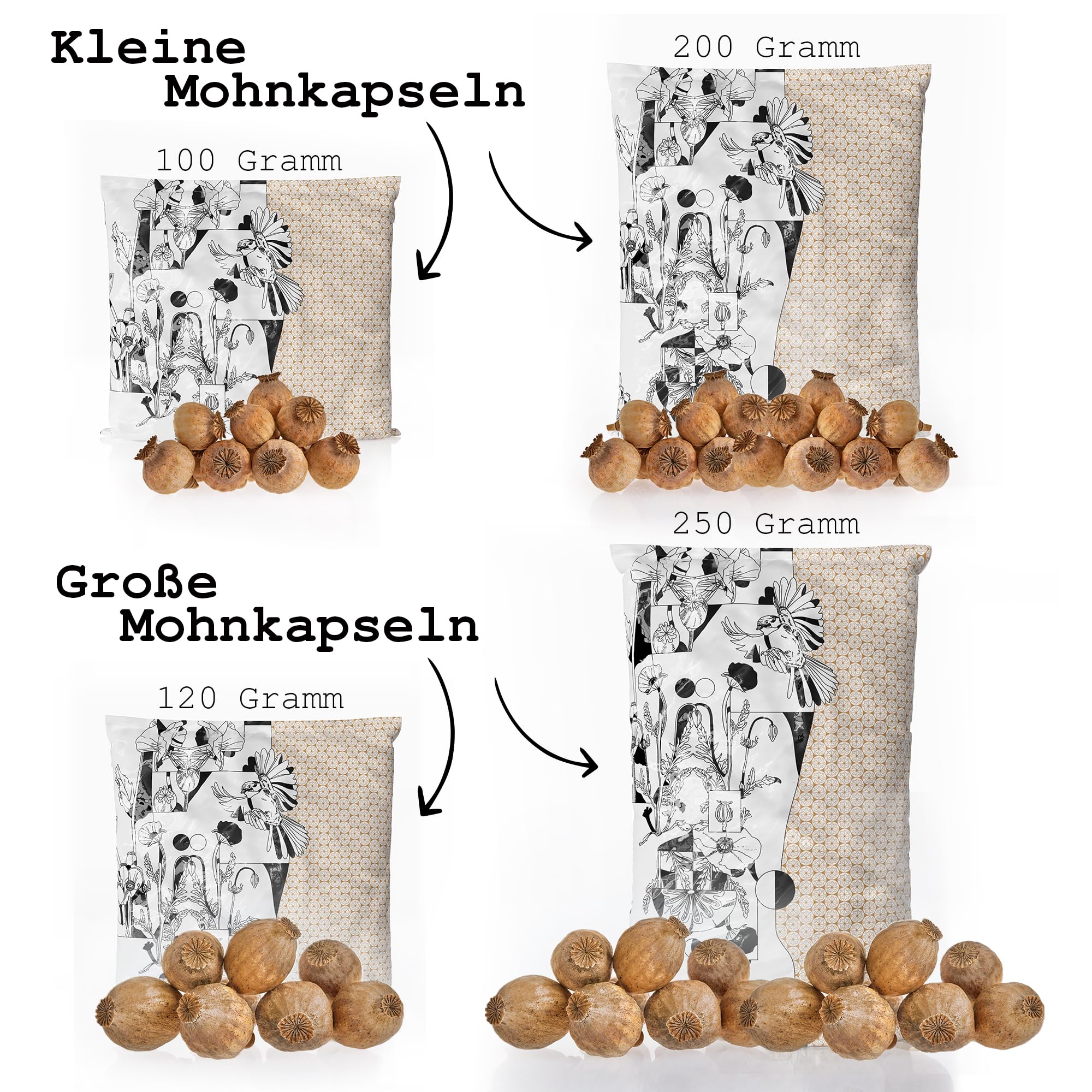 Mohnkapseln, Poppy Pods | Klein & ohne Stiel | Getrocknet | Bastelzubehör & Deko (Große Mohnkapseln, 250g)
