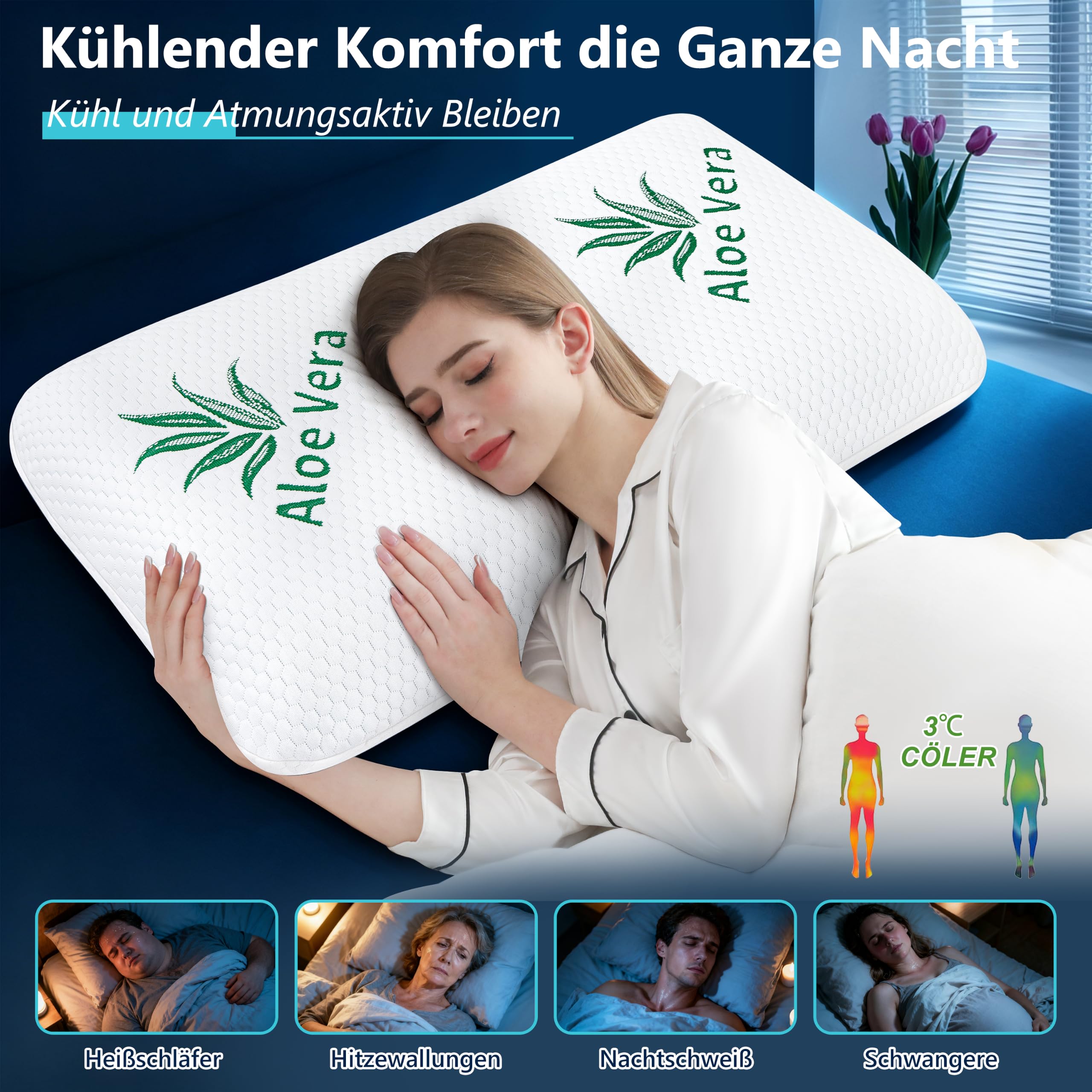 Aloe Vera Kopfkissen 40x80 Kühlendes Kopfkissen Memory Foam Kissen (Grün, 40x80, 12, 12, Zentimeter)