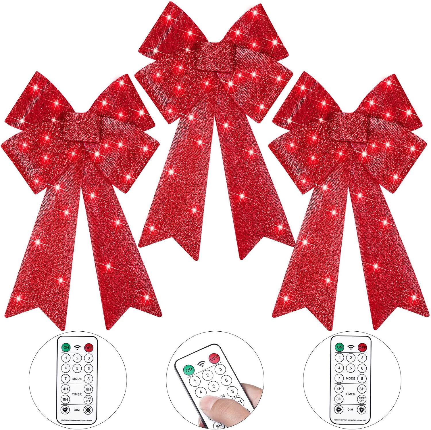 WILLBOND 3 Pcs Pre Lit Christmas Bow Decoration 24x12 Inches LED Light Large Red Bow Tree with Timer Function Lighted Christmas Tree Decor 8 Function