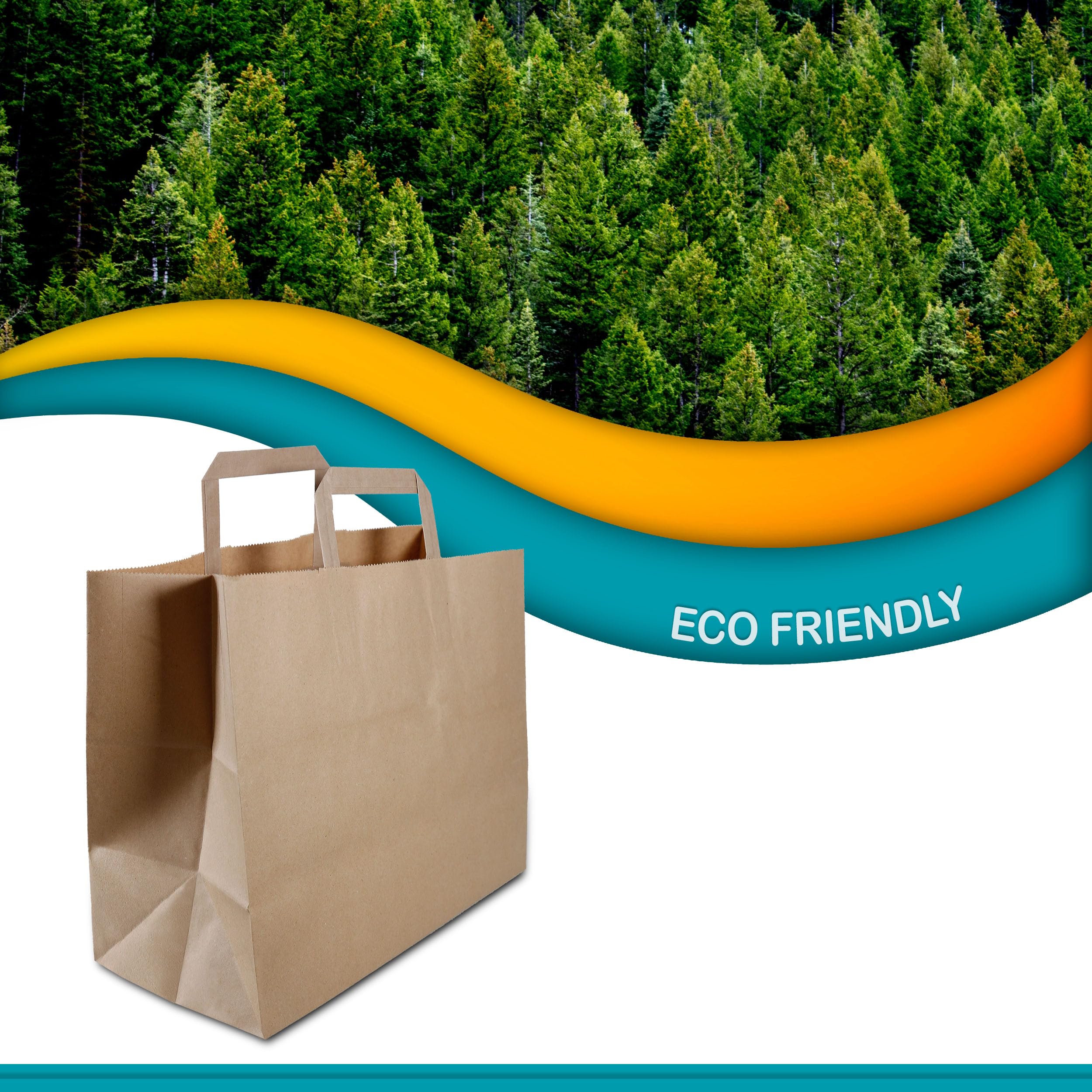 Commerline Bolsas de papel con asa, 32 × 17 × 27 cm, 500 unidades | Bolsas de papel kraft marrón con asas planas para panadería, venta al por menor, catering y restauración