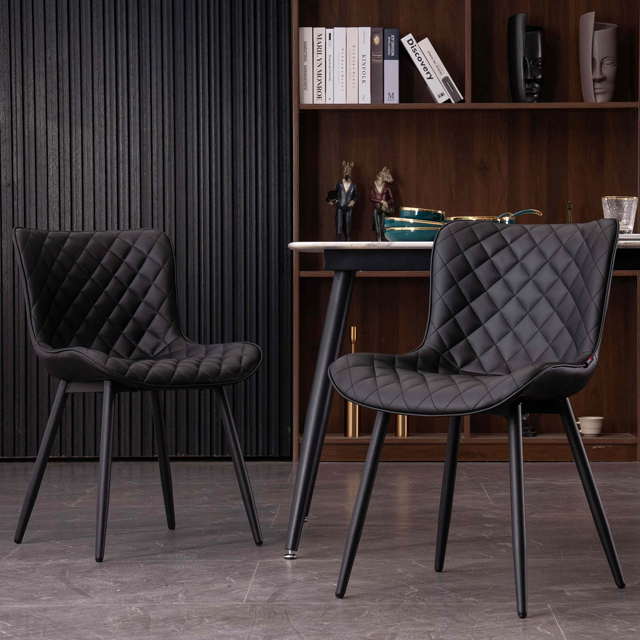 Photo 1 of YOUTASTE Black Dining Chairs Set of 2 PU Leather Diamond Upholstered Modern Kitchen Dining Room Chairs Metal Thick Bar Counter Chairs High Back Home Kitchen Restaurant Black Diamond Checked