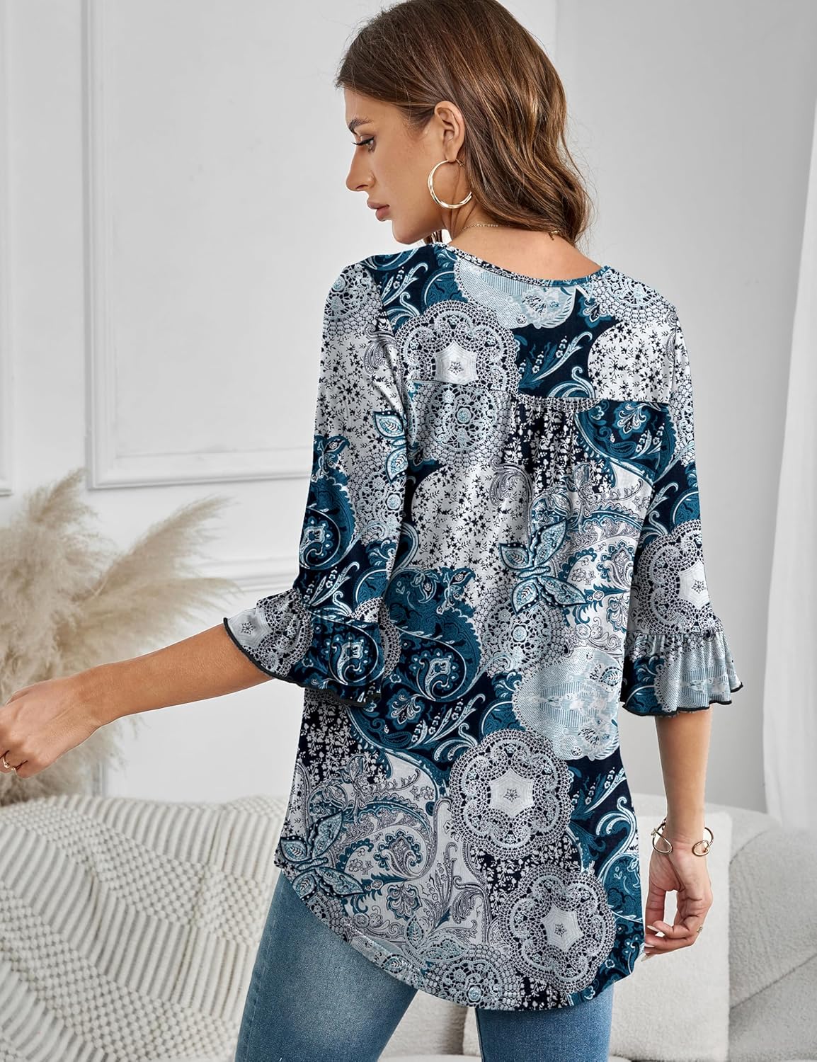 Women's 3/4 Bell Sleeve Ruffle V Neck Tops Casual Summer Knit Shirts - Image 4