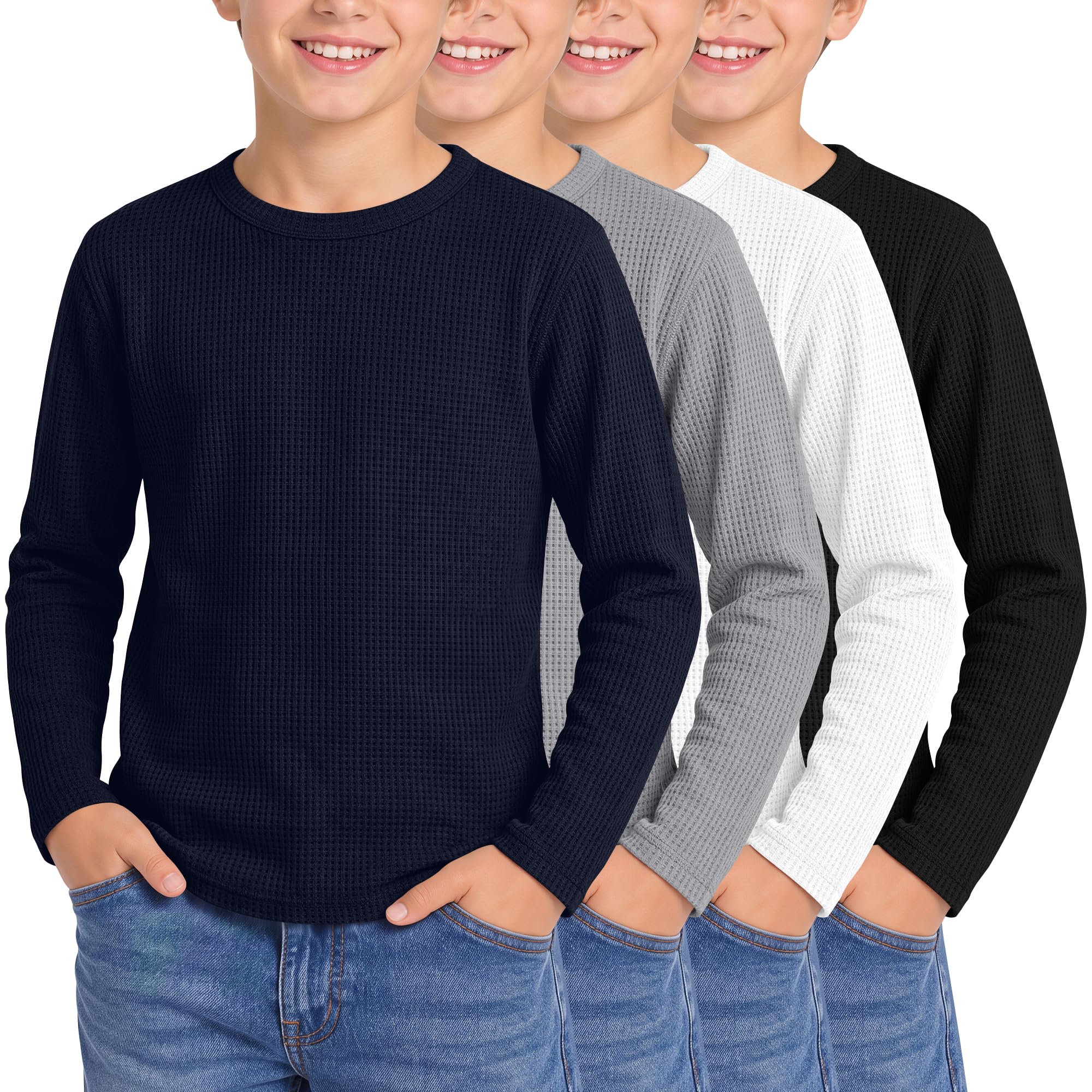 4 Pack Boys Long Sleeve Waffle Knit Thermal Shirts