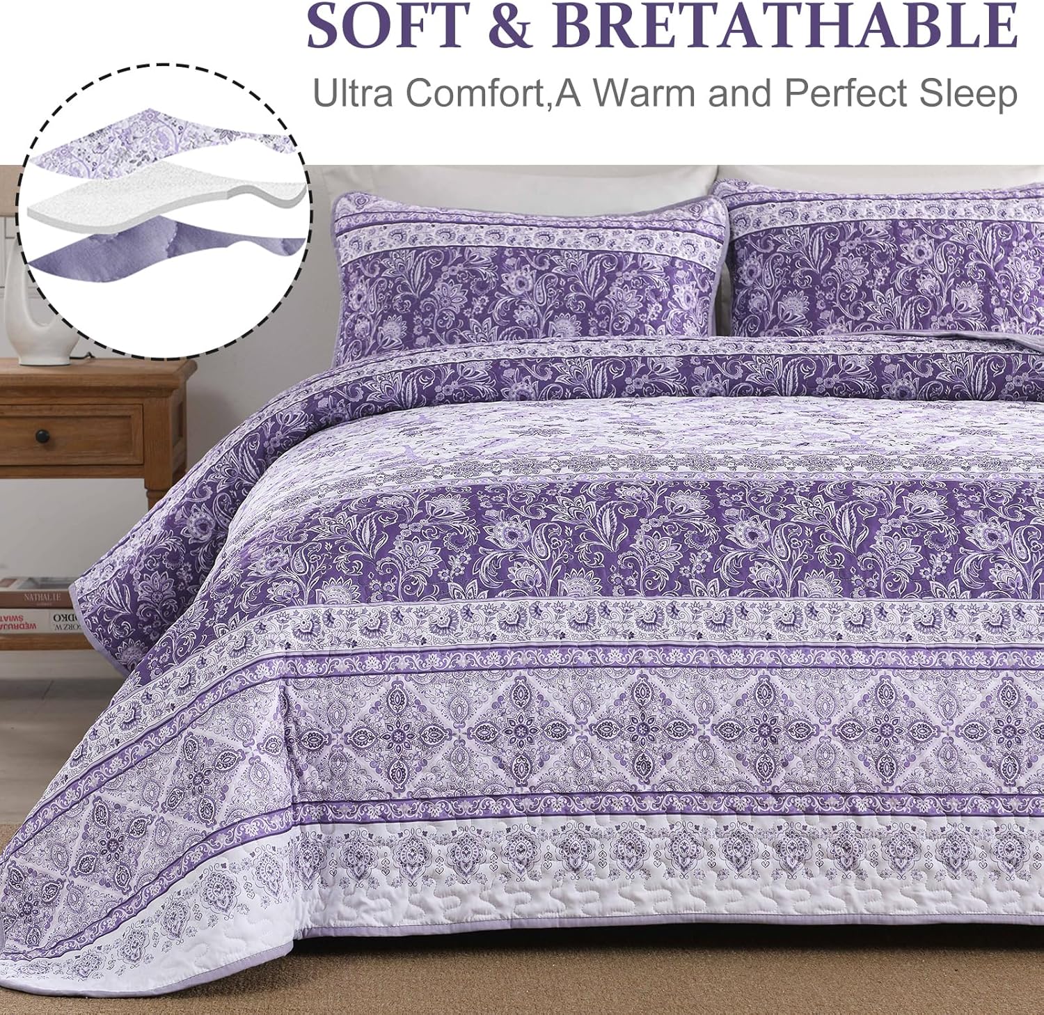 Yiran Purple Quilt Set Queen Size,Boho Striped Quilt Bohemian Floral Bedspread Lightweight Microfiber Bedding Set for All Season 104"×90" - Image 5