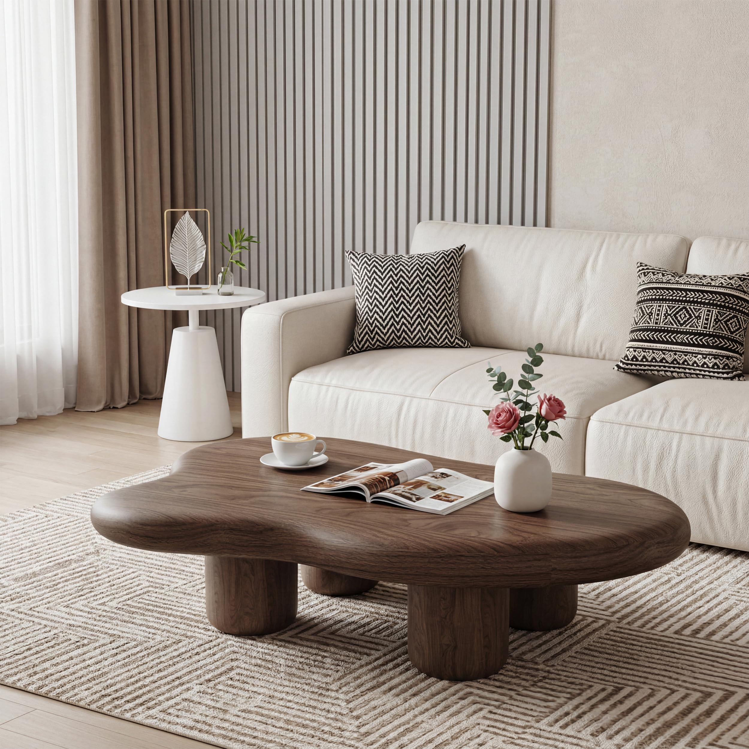48.43" Cloud Coffee Table with 4 Cute Wood Legs Brown Tea Center Table Modern Walnut Solid Wood Coffee Tables for Living Room Bedroom or Home Office,