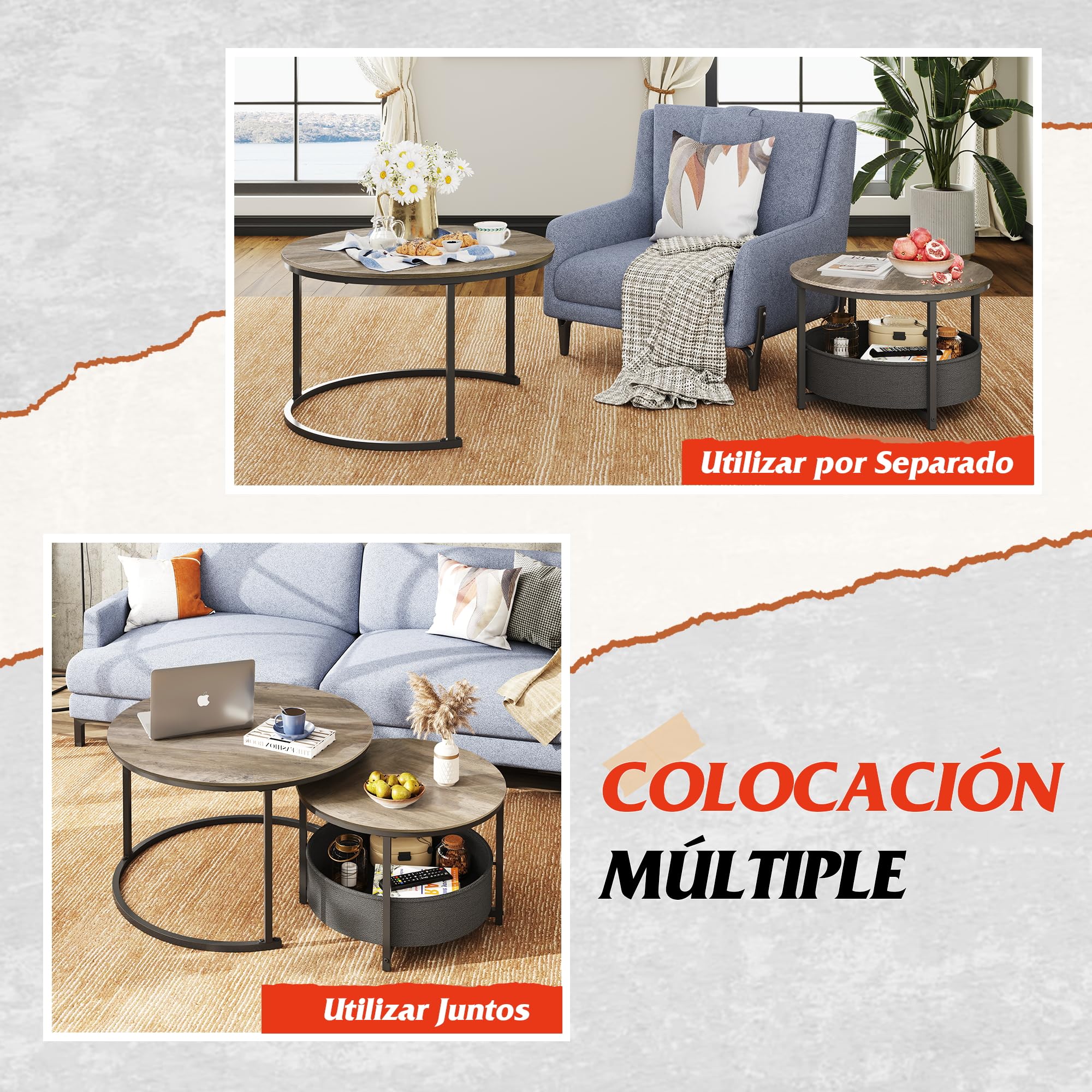 WLIVE Mesa de Centro Juego de 2, Mesa Auxiliar Redonda con Almacenamiento, Mesa de Salón de Madera con Estructura Metálica (Gris Negro, 80 y 60 cm de diámetro)