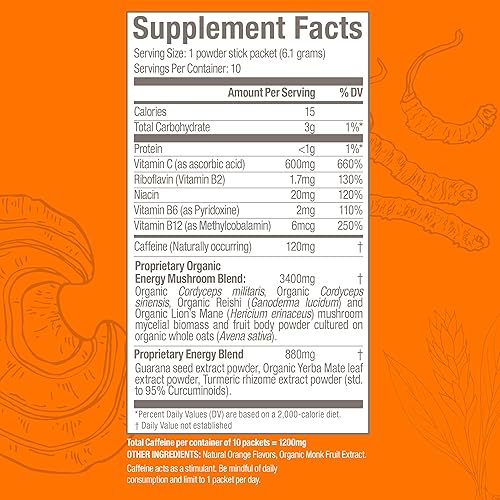 Miniatura 4 de Om Mushroom Superfood Energy Plus - Mezcla de bebidas en polvo de hongos, naranja cítricos, porción, 10 unidades, mezcla de setas, Cordyceps, Yerba