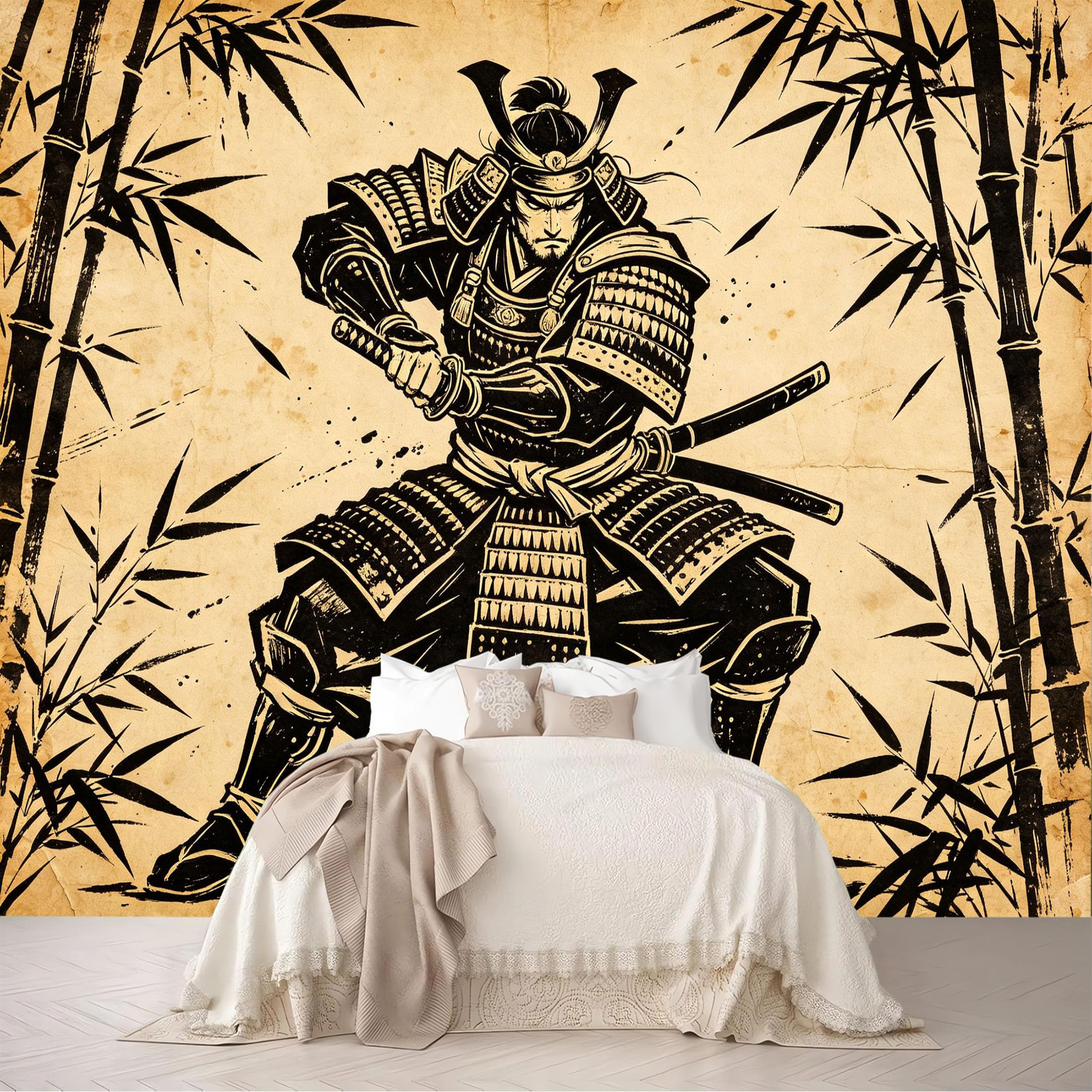 Custom Size Wall Murals Vintage Armor Samurai Bamboo Woodblock Print Removable Self-Adhesive for Bedroom Living Room Dining Room