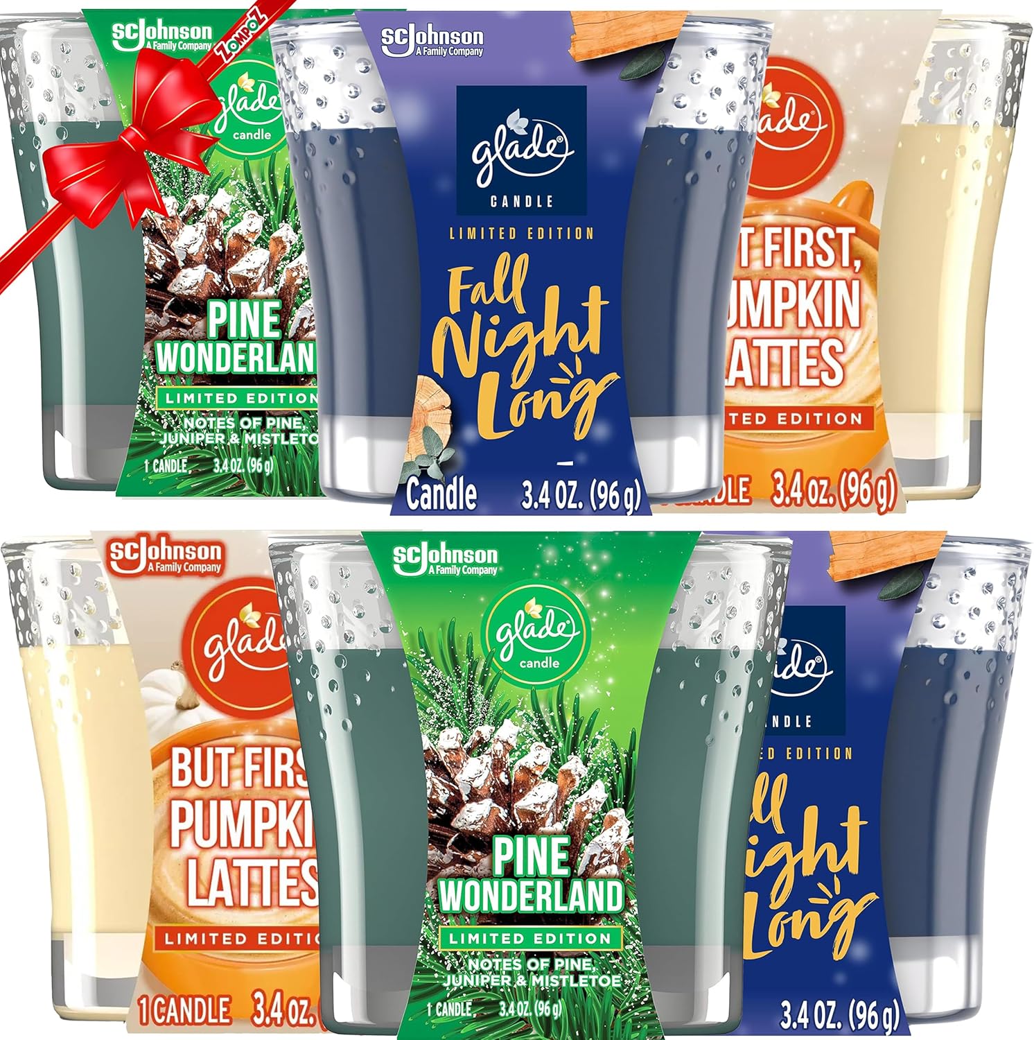 Holiday Christmas Scented Candles, 6 Assorted Seasonal Air Freshener Candle Jars, Fall Night, Pine Wonderland, Pumpkin Latte Scents, 3.4 Oz Each
