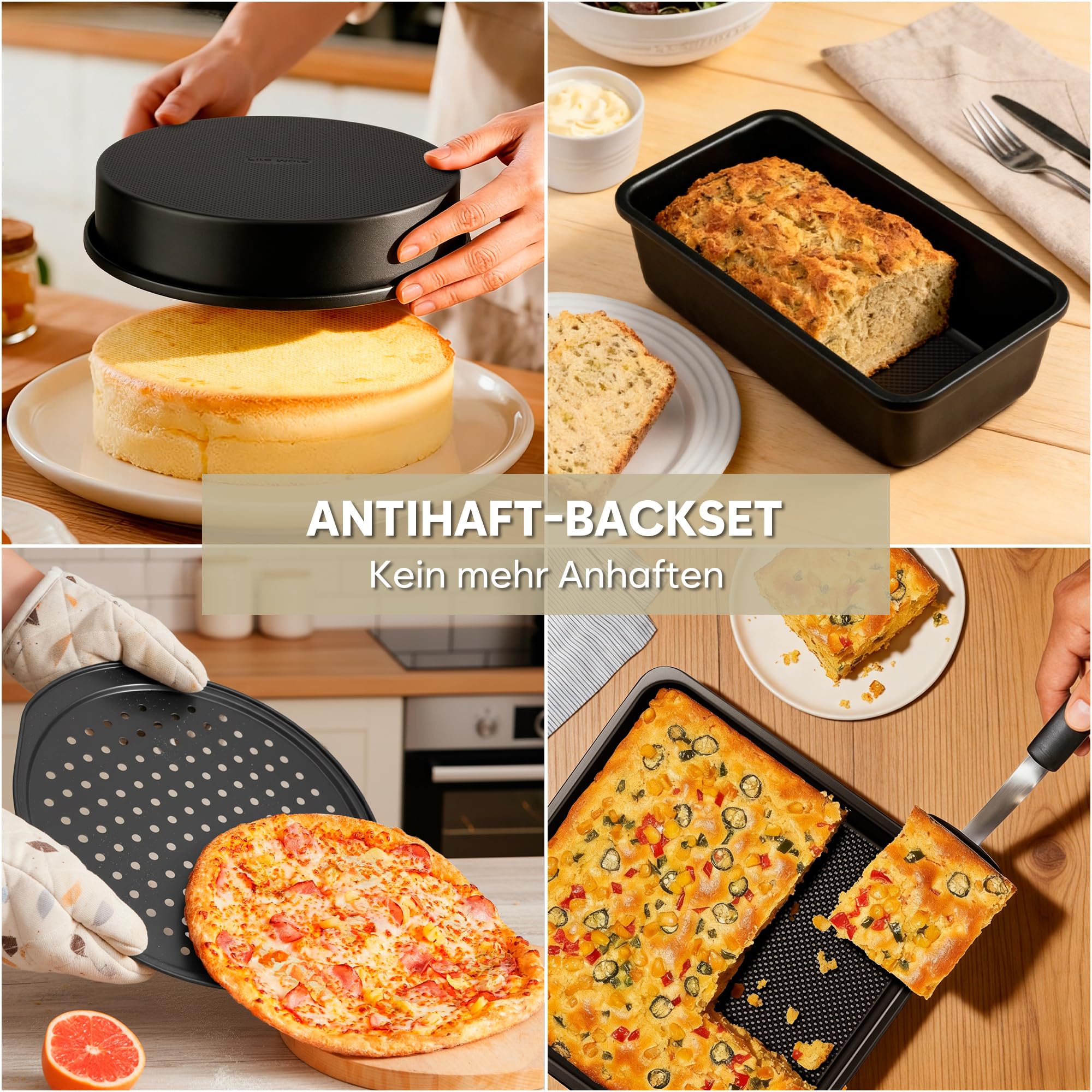 Fire More 10-teiliges Backset, 0,8 mm Dicke Antihaft-Backformen Set mit Backblech, Abkühlgitter, Muffinform, Runder/Eckiger Kuchenform, Pizzablech, Stapelbar & Platzsparend