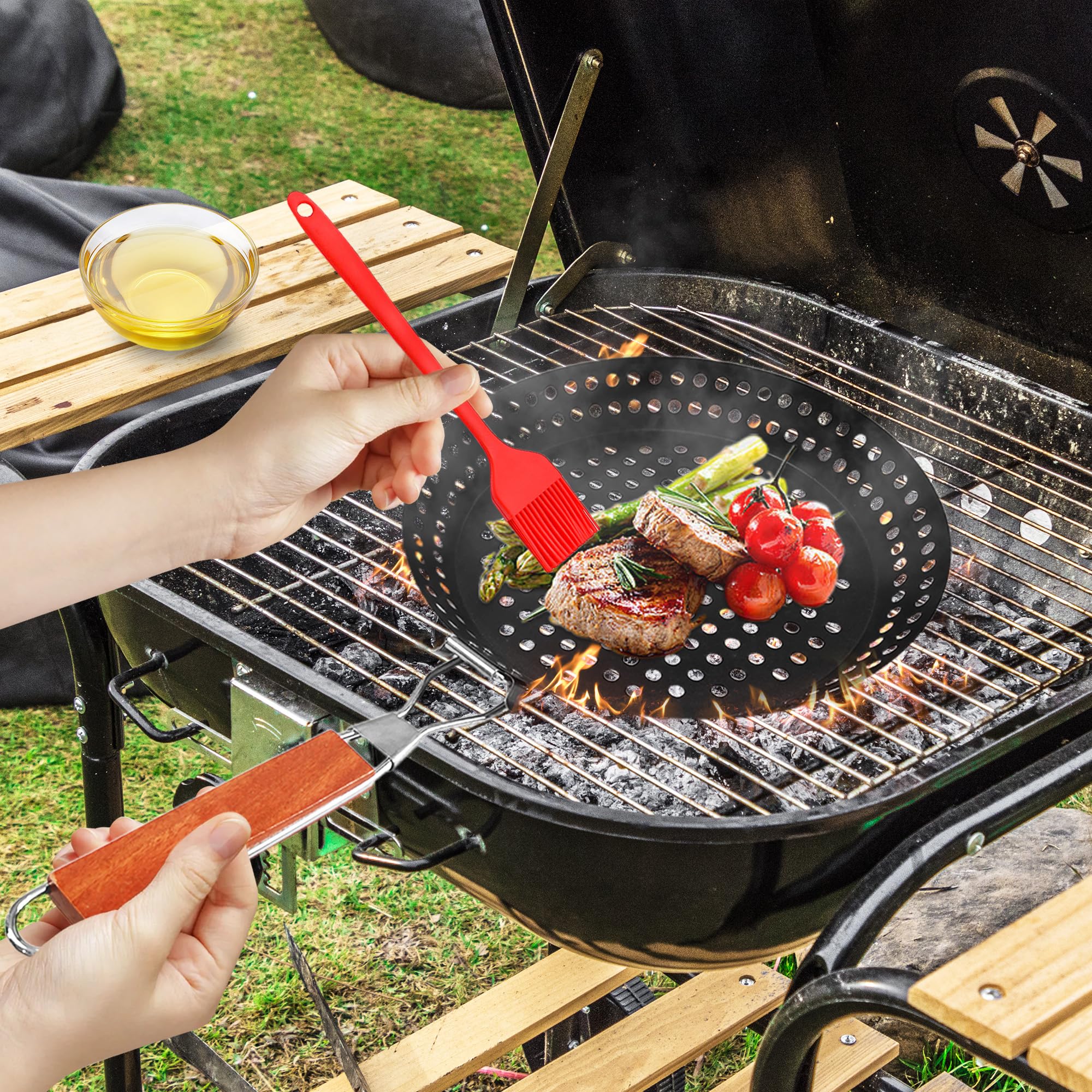Padella per grigliare, 30,5 cm, con manico pieghevole, in acciaio al carbonio, antiaderente, per barbecue, fritture, verdure, frutti di mare, Chapati
