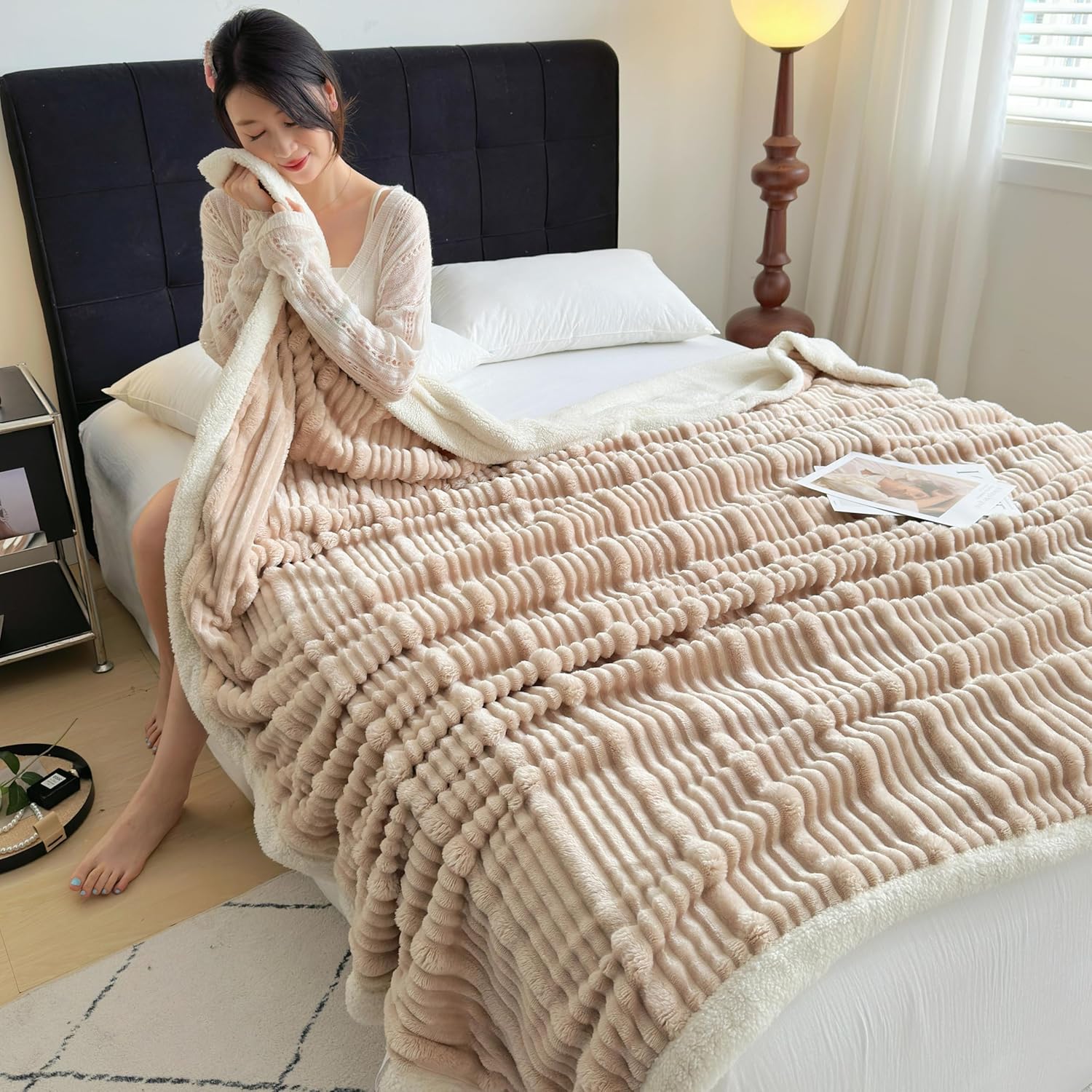 UKELER Sherpa Throw Blanket 60 × 80 inch, 470 GSM Striped Sherpa Fleece Blankets for All Season, Warm and Cozy Blanket for Couch Sofa Bed Office Camping, Camel