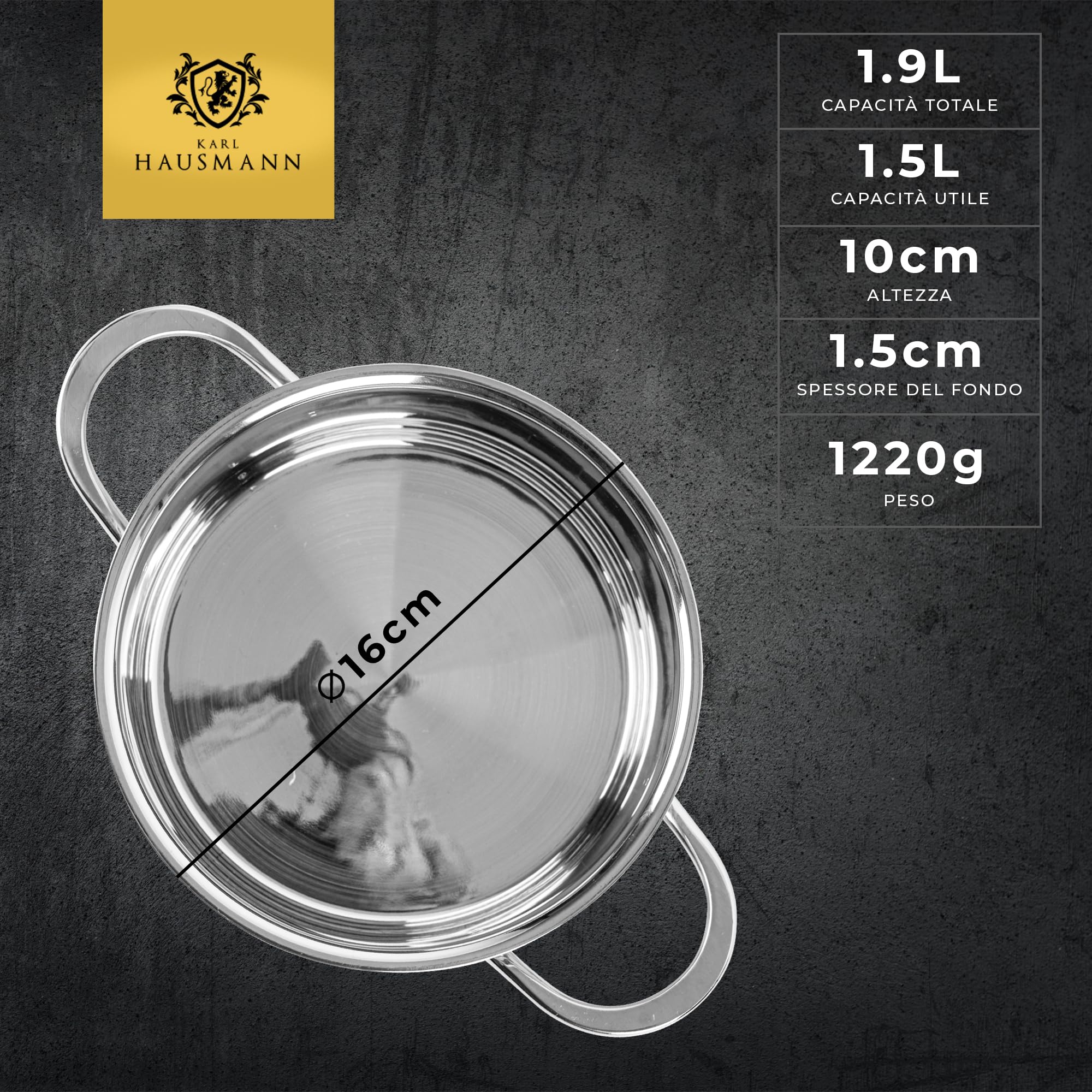 KARL HAUSMANN Pentola Acciaio Inox - 1.9L - 16 cm - Casseruola Induzione con Coperchio Vetro - Pentola Inox 18/10 - Scala Misura - Per Tutti i Fuochi - Pentole Acciaio Inossidabile