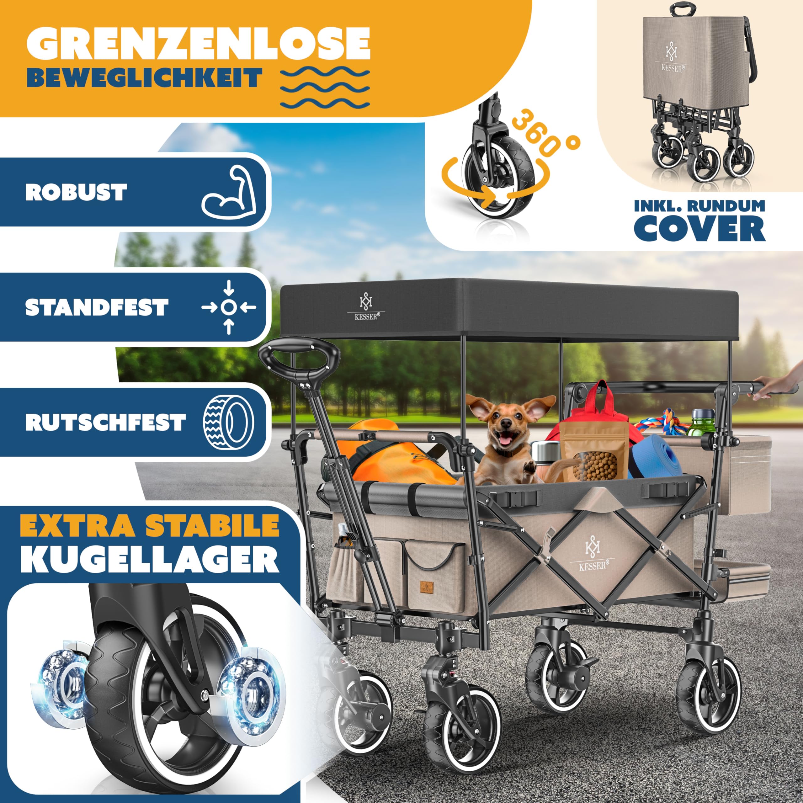 KESSER GTS-9100 - Carrello pieghevole con tetto, portata fino a 150 kg, con ruote in gomma dura e freni di stazionamento anteriore/posteriore, con serratura, copertura, intemperie e protezione da