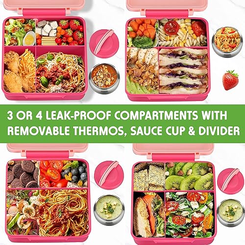 Miniatura 6 de Lonchera Bento para niños  Lonchera aislada con termo de 8 onzas, recipientes de almuerzo a prueba de fugas con 4 compartimentos y 2 zonas de