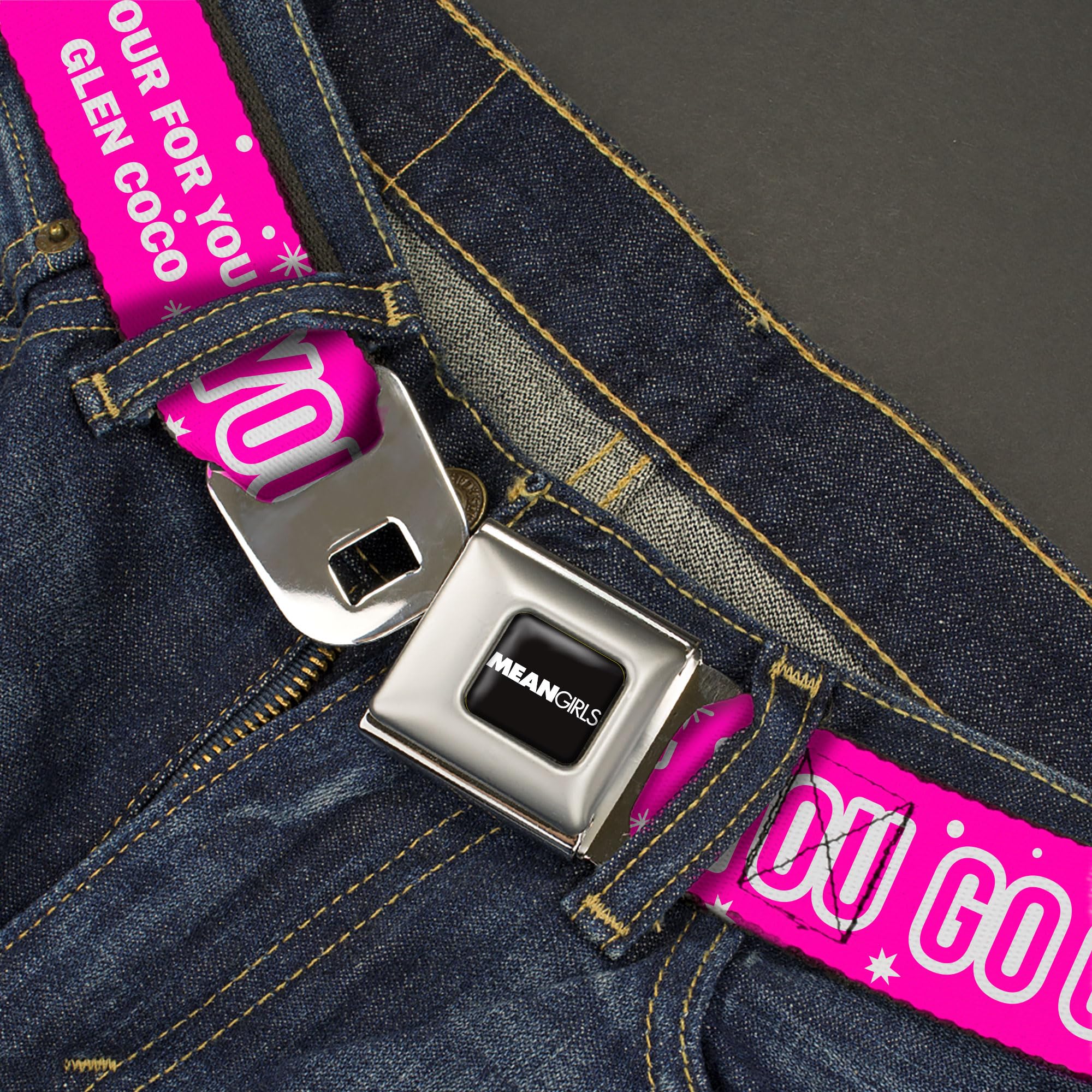 Paramount Pictures Belt, Seatbelt Buckle Belt, Mean Girls You Go Glen Coco Pink White, 24 to 38 Inches