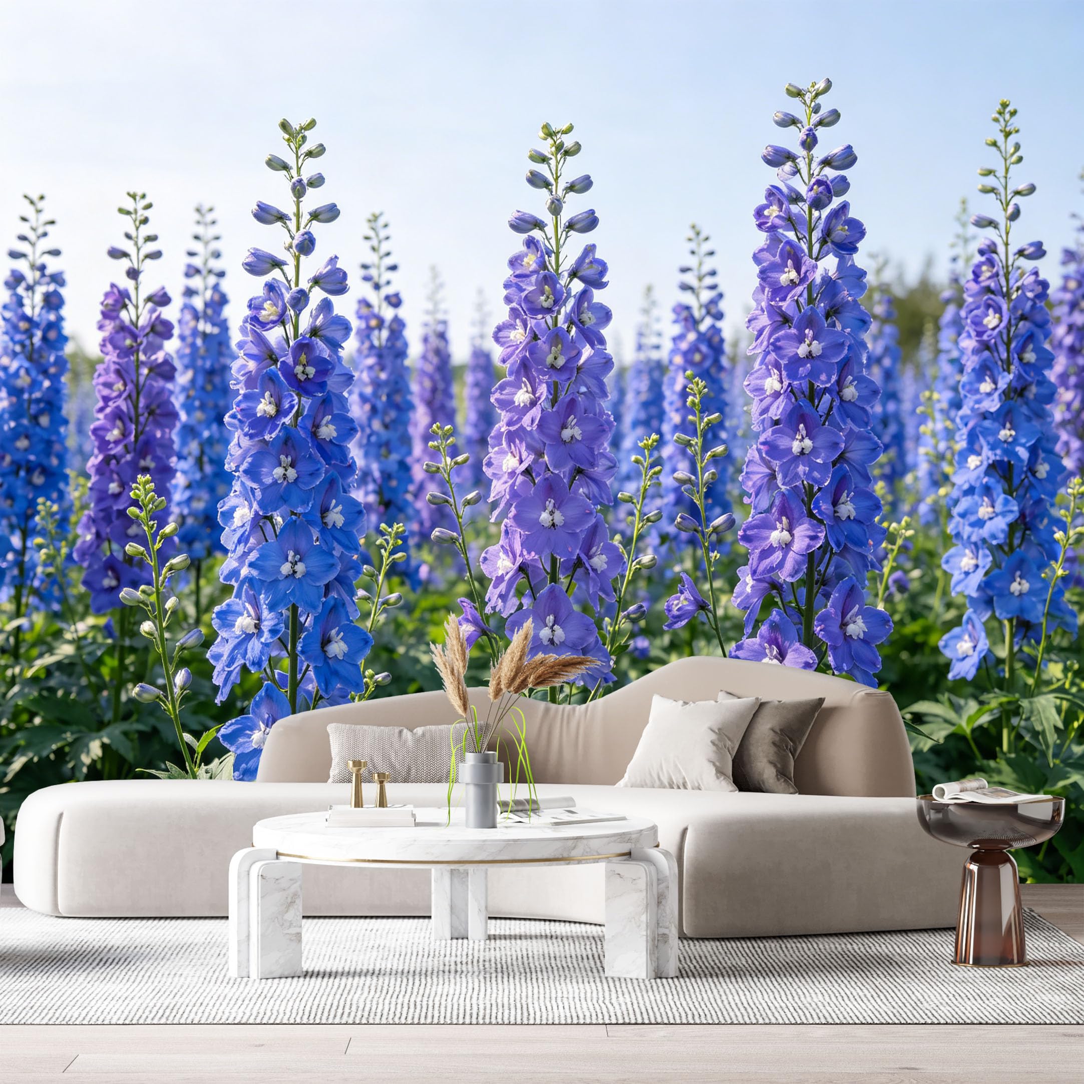 Custom Size Wall Murals Purple Blue Delphinium Botanical Flower Field Nature Landscape SelfAdhesive Wall Fabric Removable Large Wallpaper for Photo Living Room
