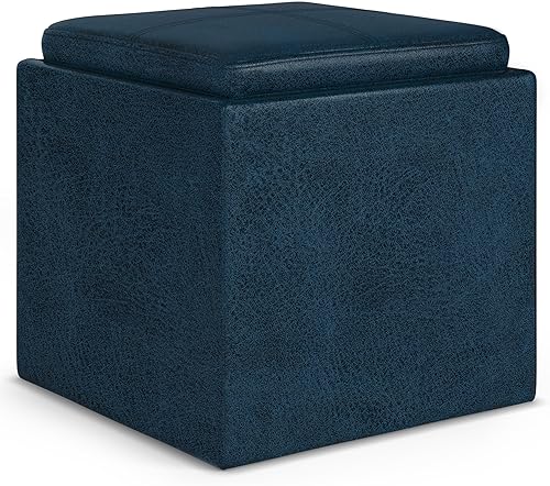 SIMPLIHOME Rockwood - Otomana de almacenamiento en cubo con bandeja, otomana tapizada de cuero vegano de 17 pulgadas de ancho, otomana cuadrada de