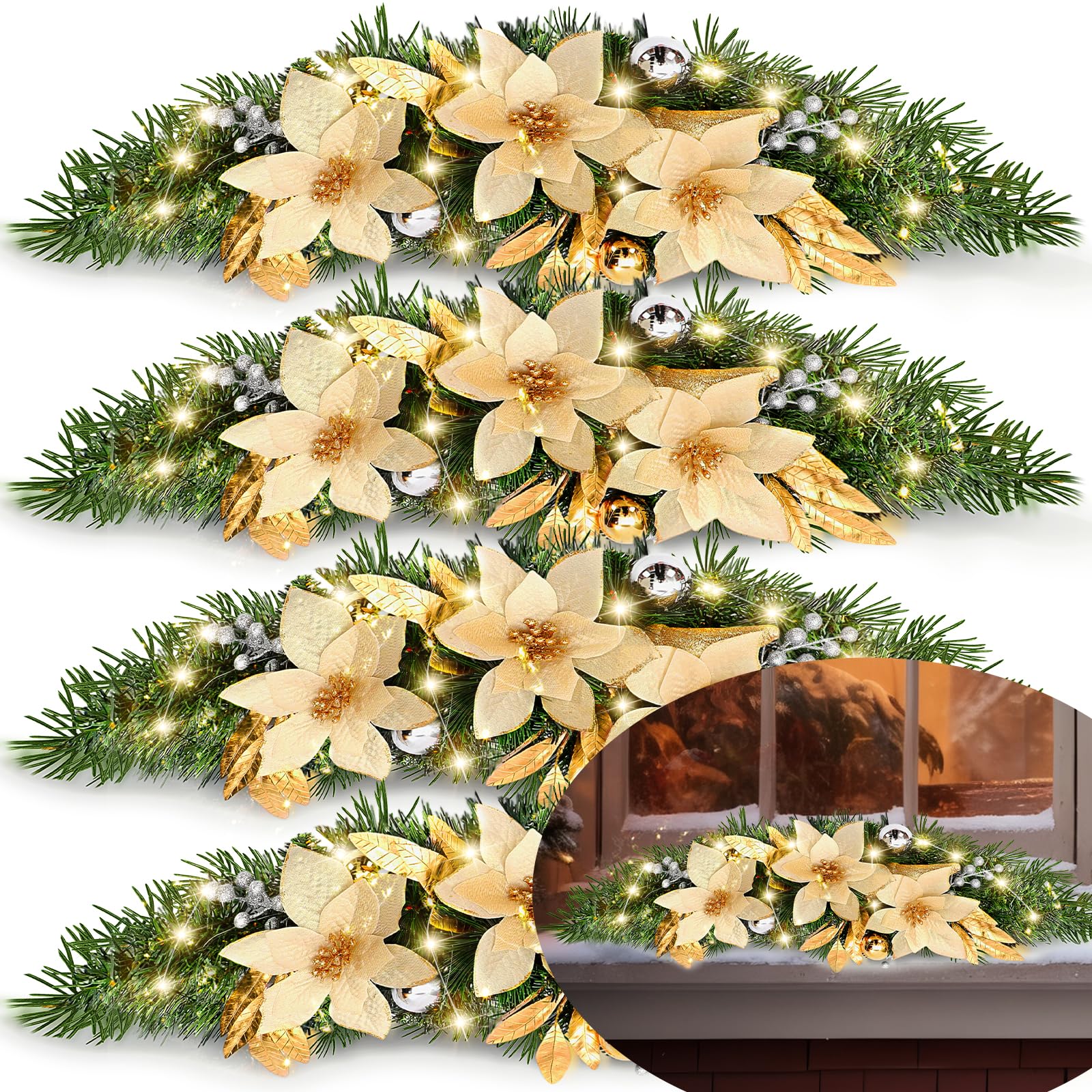 Norme Confezione da 4 festoni natalizi da 76,2 cm per finestre, grandi decorazioni natalizie artificiali con luci per porta d'ingresso, architrave da parete, caminetto, casa, vacanze, interni ed
