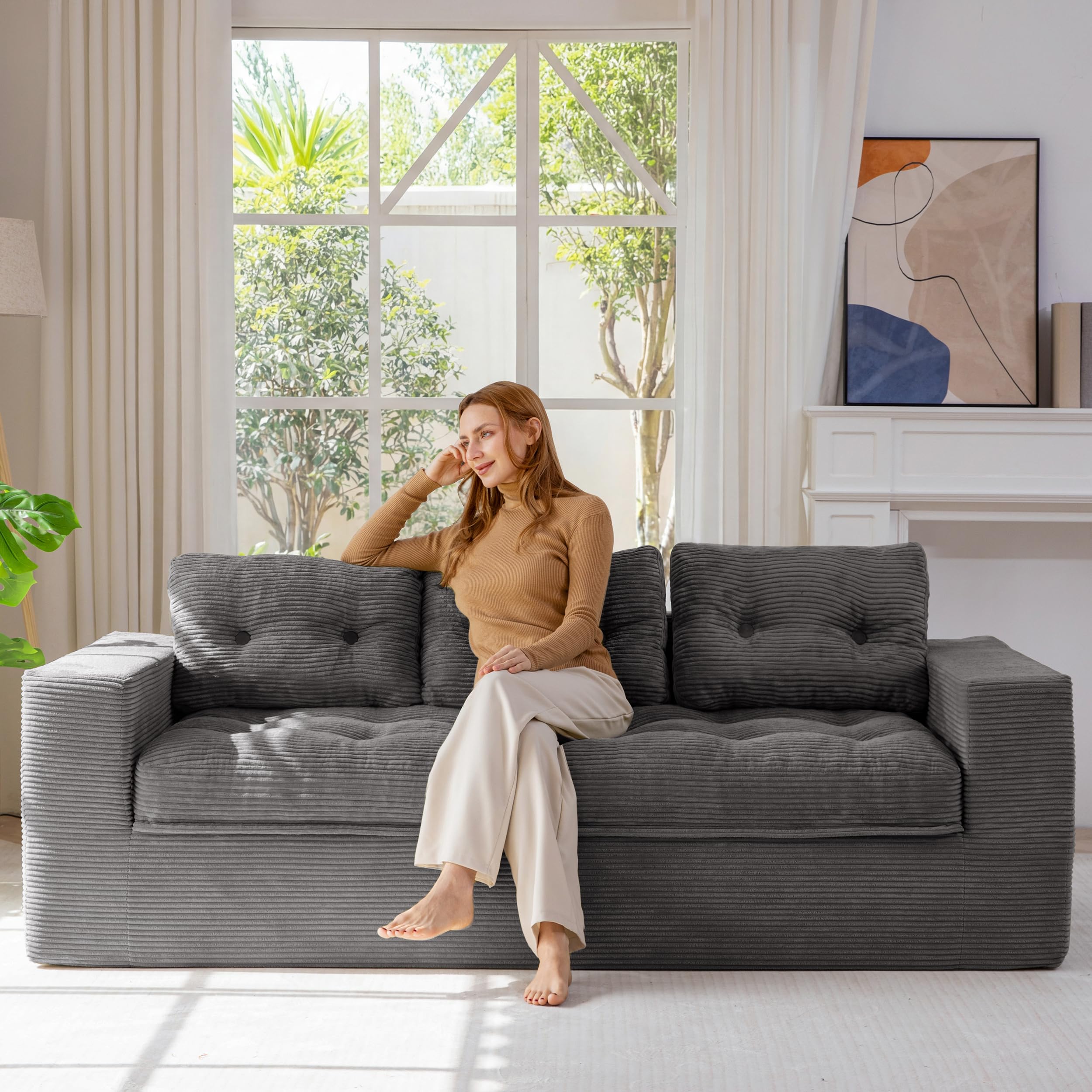 MAXYOYO 79" Boneless Sofa Couch, Cloud Couch Floor Loveseat for Small Space with Pillows, Tufted Floor Sofa with Layered Cushion for Apartment &amp; Lounge, No Assembly Required, Dark Grey
