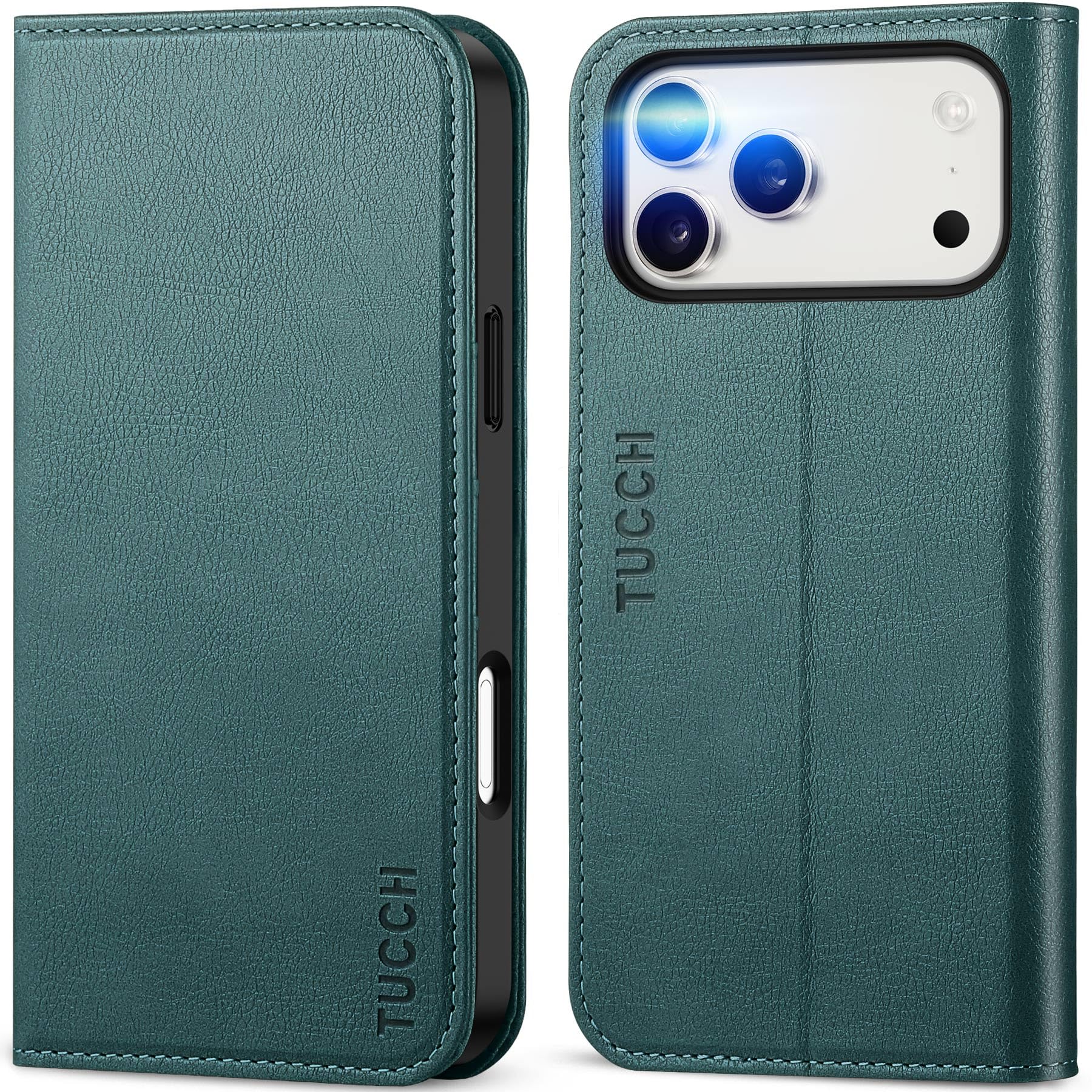 TUCCH Funda Piel para iPhone 17 Pro MAX 6,9-Pulgadas 5G 2025 [Bloqueo RFID] | Funda TPU A Prueba de Golpes Ranuras Tarjetas, Función Soporte Carcasa Case Protección Completa, Verde Pino Texturizado