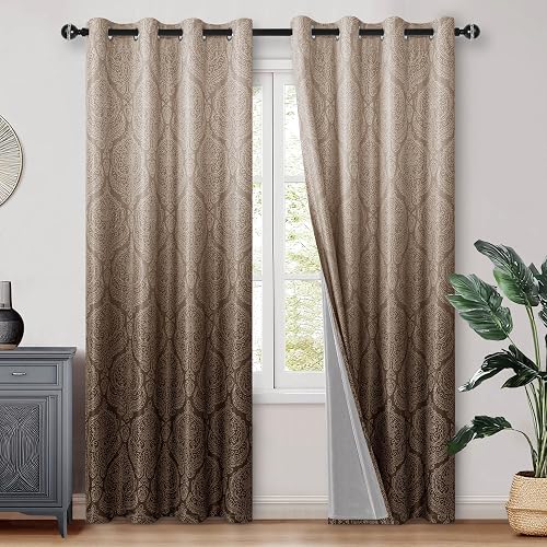 DWCN 100% Blackout Curtains for Bedroom 84 Inch Long - Damask Patterned Ombre Thermal Insulated Energy Saving Grommet Drapes for Living Room, Gradient Window Curtain 2 Panels, 52 x 84 Length, Brown