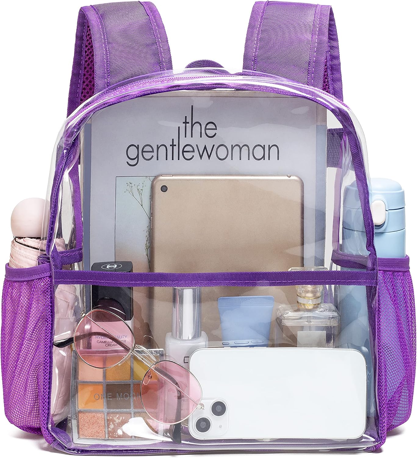 Vorspack Clear Backpack Stadium Approved - Clear Mini Backpack 12x12x6 for Women Stadium Backpack with 2 Water Holders Heavy Duty for Concert Work Sport Games Festival Venues - Purple