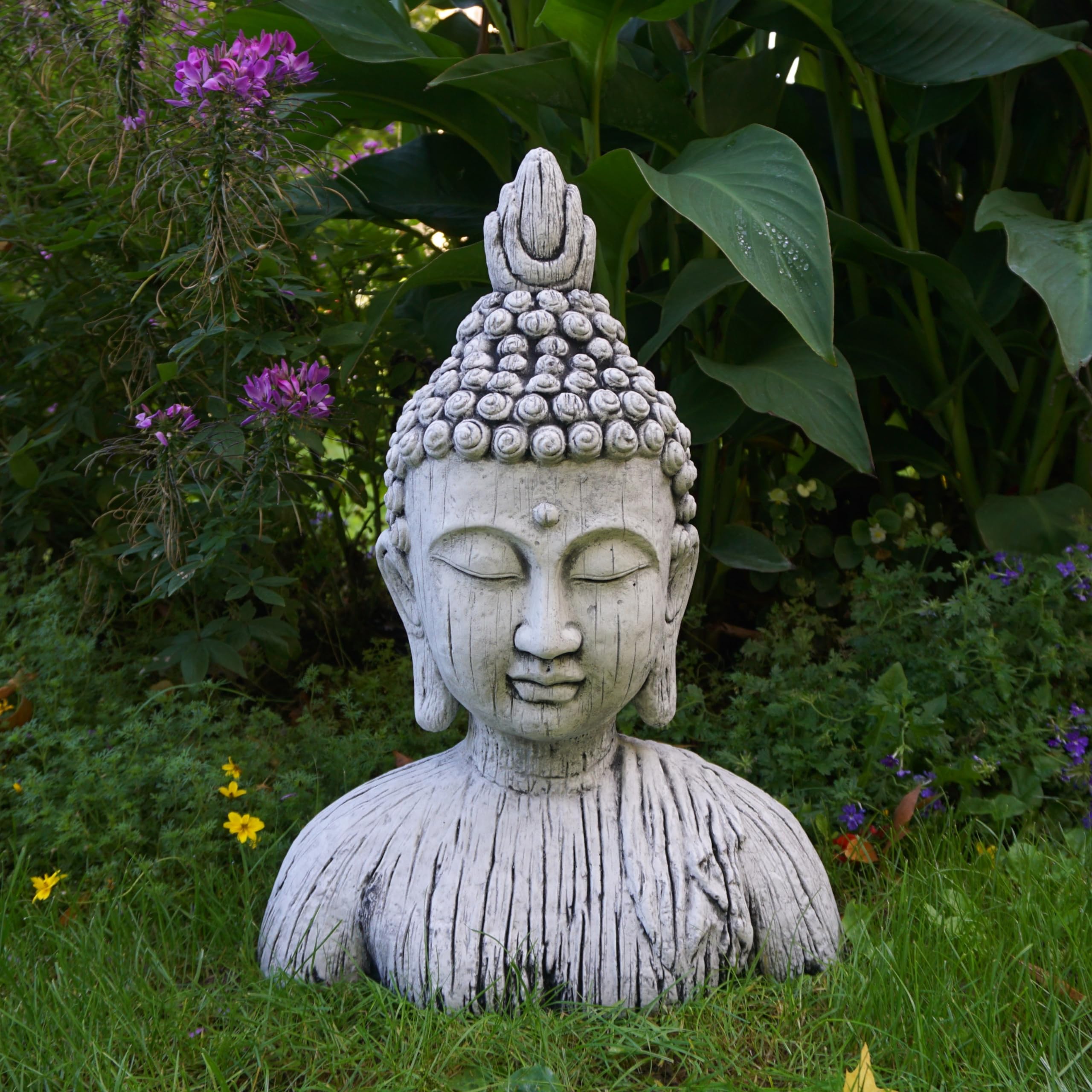 Grande Busto Di Buddha In Pietra - H 35cm, 18kg, Colore Grigio Ghiaccio - Resistente Al Gelo Per Esterni E Giardino