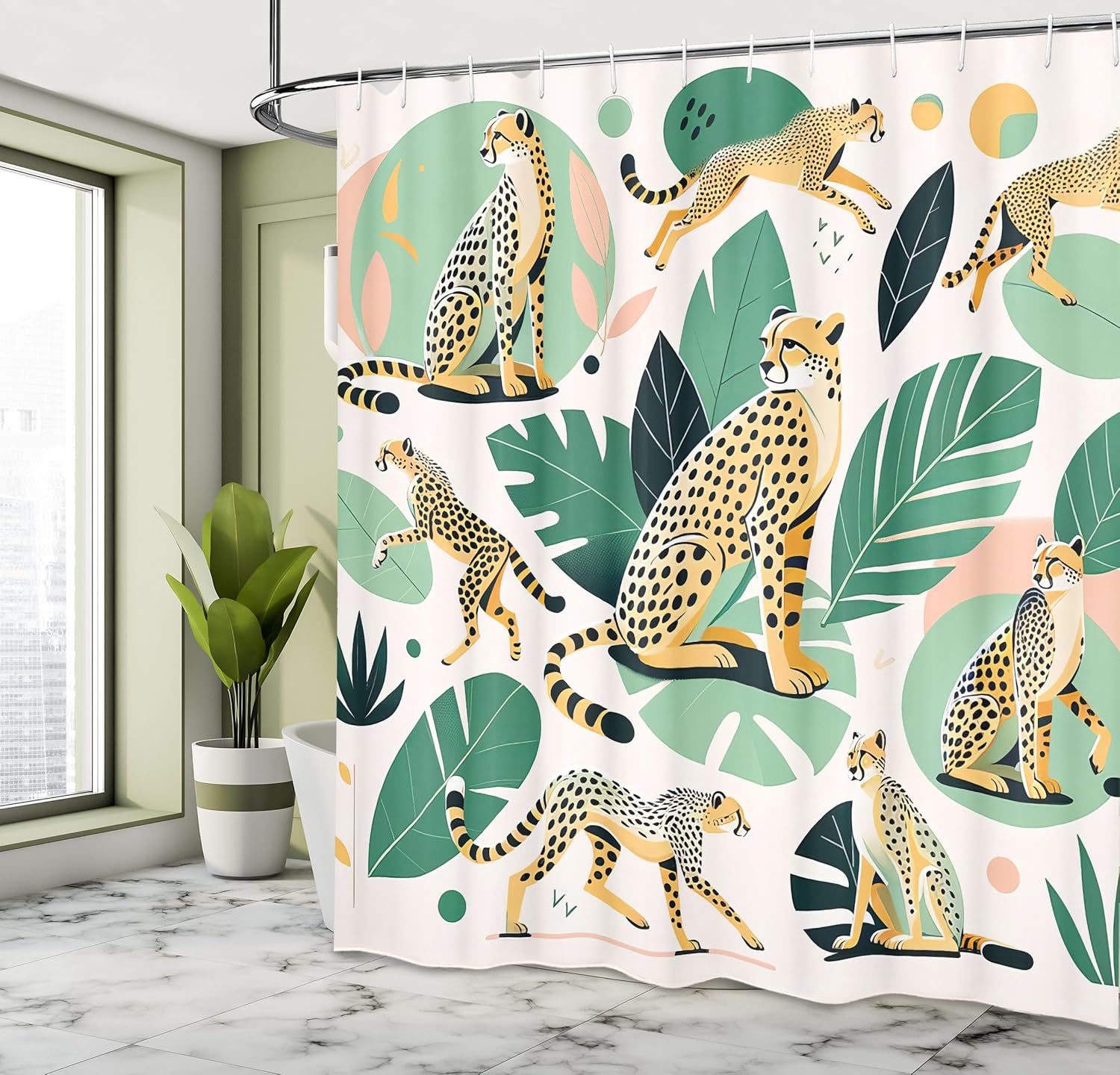 Ambesonne Cheetah Shower Curtain, Modern Jungle Concept Wild Life Savage Animal Leaves Illustration, Cloth Fabric Bathroom Decor Set with Hooks, 69" W x 84" L, Jade Green Mustard and White