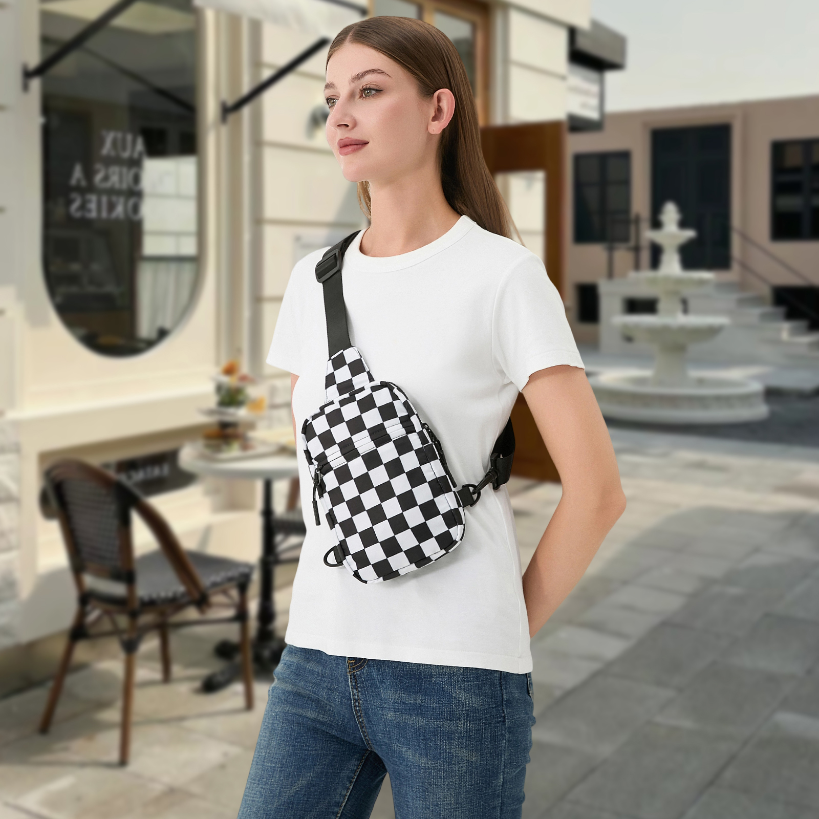 3612 Checkered Sling Bag Small Backpack Crossbody Chest Bag Fanny Packs Custom Lady Fashion Checkered Print Sling Bag Crossbody  main image 4