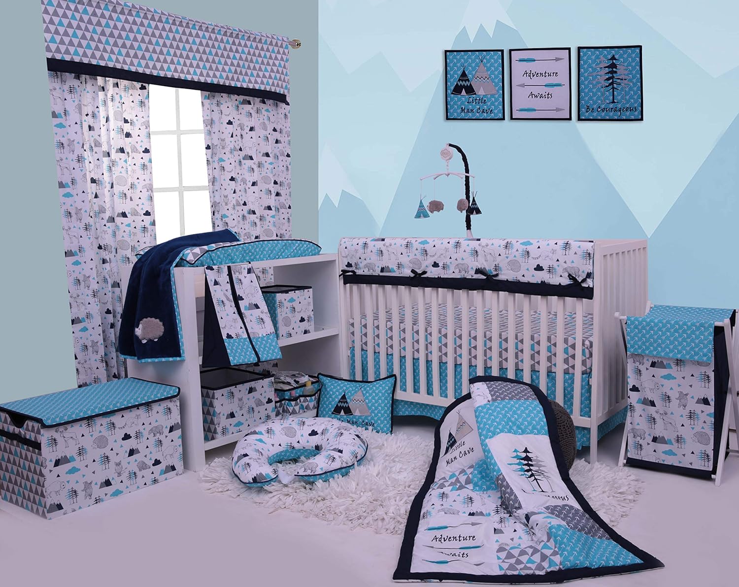 Bacati Woodlands Boys Cotton Changing Pad Cover, Aqua/Navy/Grey