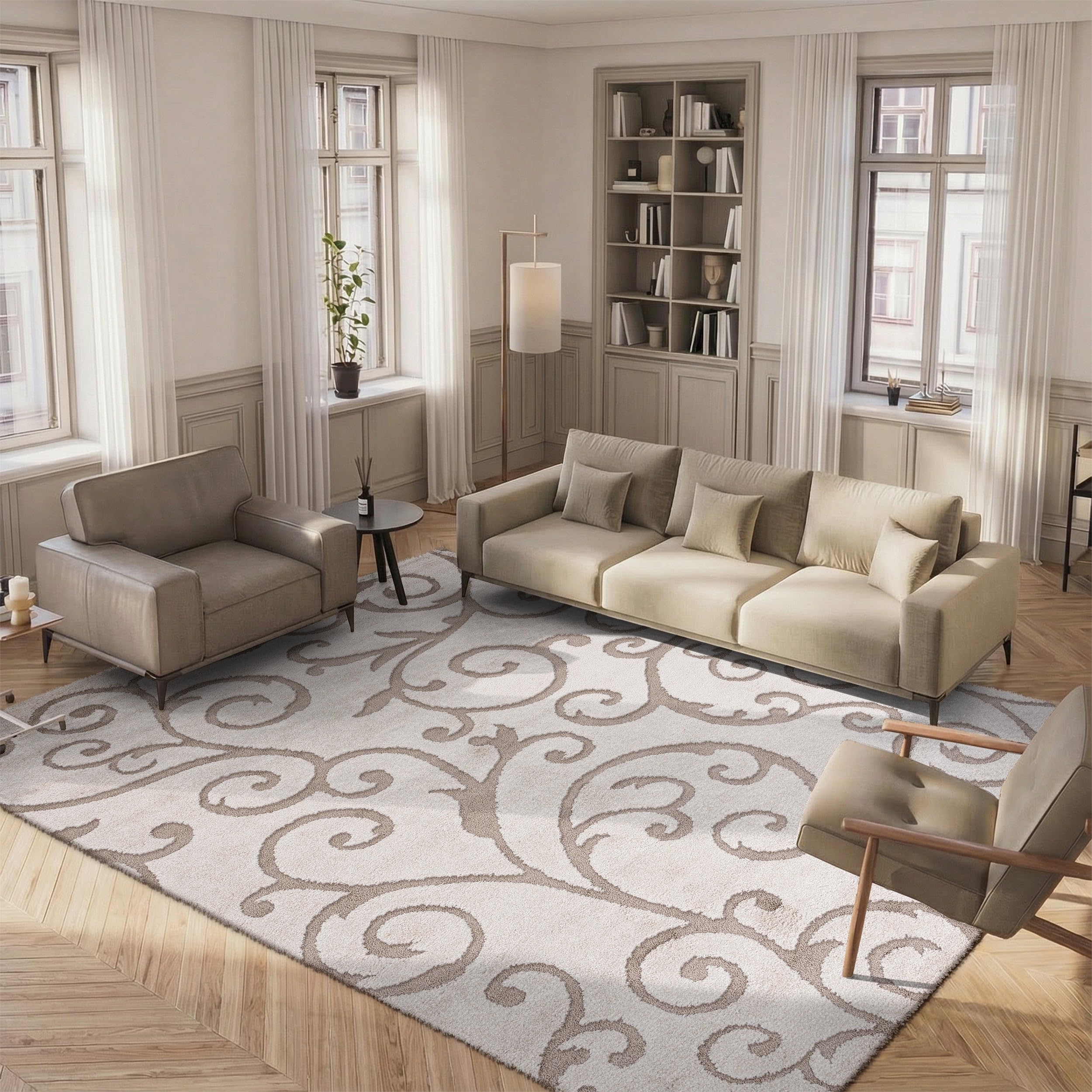 SAFAVIEH Florida Shag Collection Area Rug - 8' x 10', Ivory & Beige, Scroll Design, Non-Shedding & Easy to Clean, High-Low Plush Pile, Ideal for