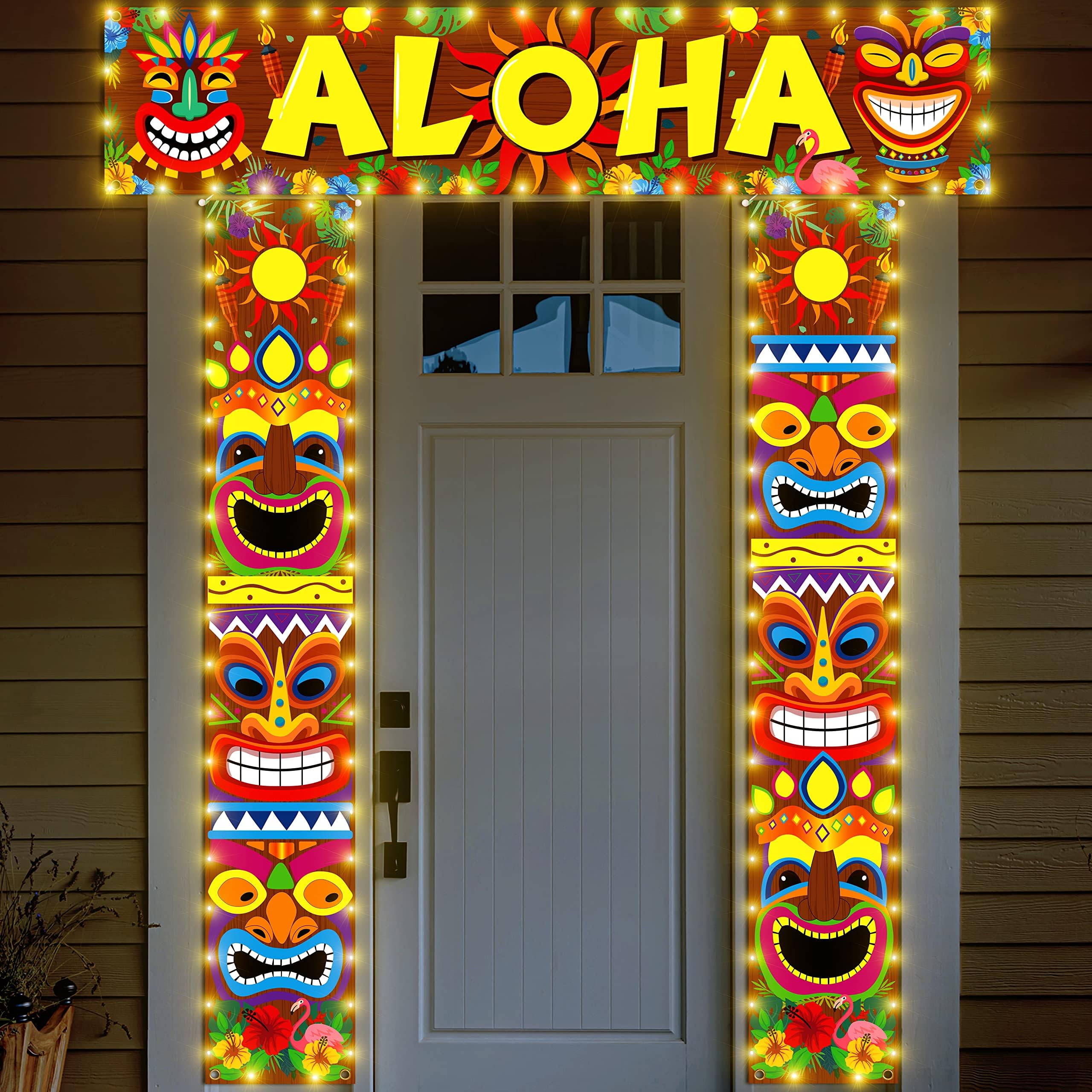 90shine Hawaiian Luau Party Decorations Tiki Banners Aloha Tropical Moana Flamingo Door Porch Signs Wall Hanging Decor Supplies