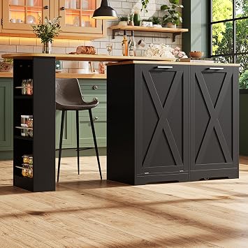 360  Rotating Kitchen Island 138-203cm Modern Minimalist Multifunctional Storage Cabinet with Side Shelves & Folding Doors, Swivel Sideboard for Bedroom, Living Room, Dining Room, Black