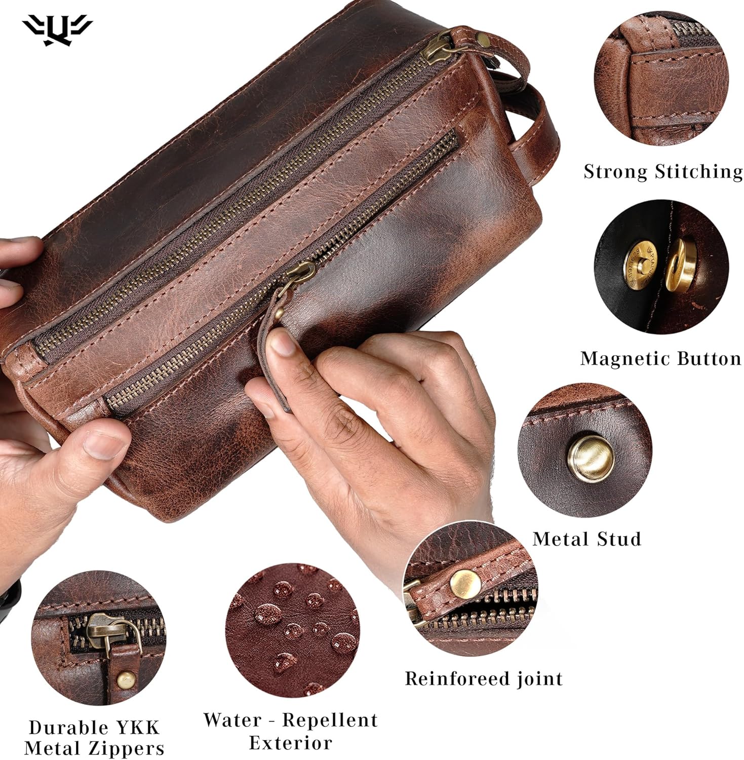 Premium Handmade Leather Toiletry Bags for Men and Women, Genuine Leather Dopp Kit and Shaving Bag for Men, Travel Cosmetic Bag for Women's and Men's, Zipper Pocket, Dark Brown